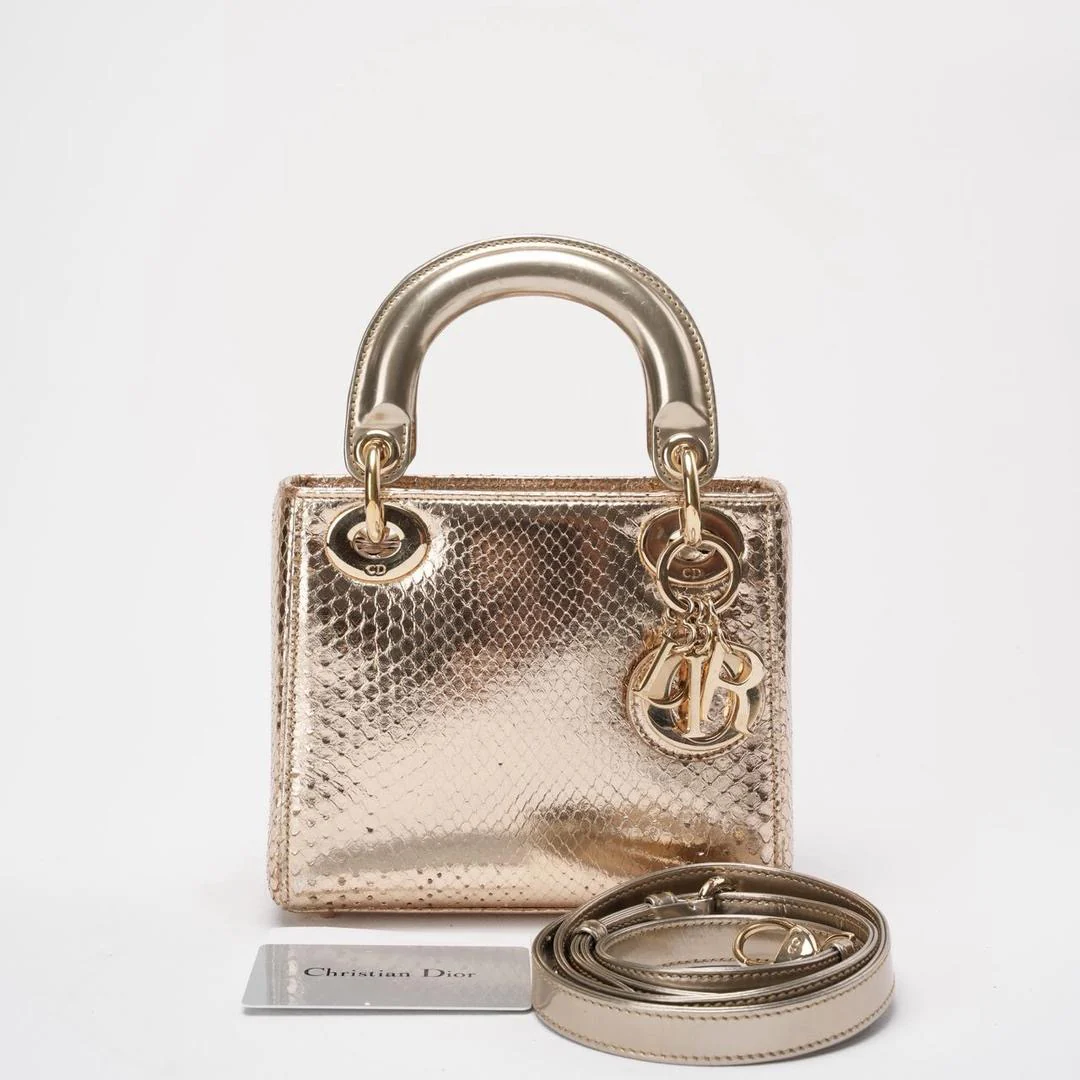 Dior Mini Lady Dior Bag Gold in Python Leather with Gold Hardware on