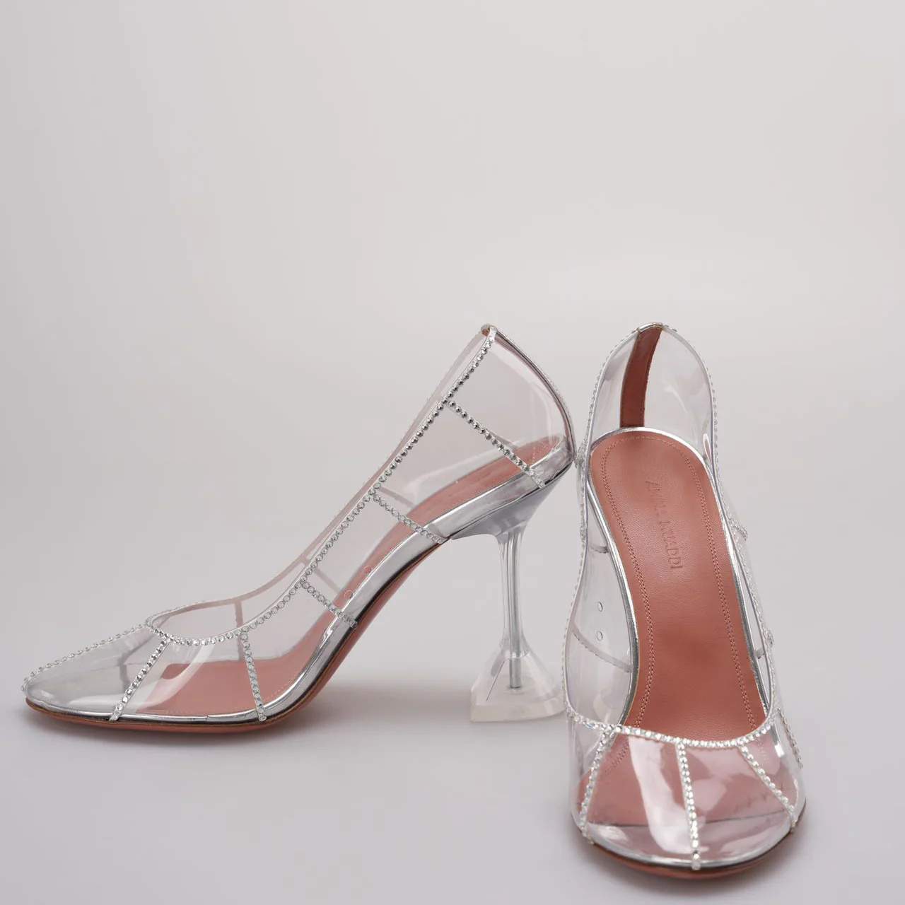 Amina Muaddi Silver Crystal Embellished PVC Kitty Glass Pumps Size 38