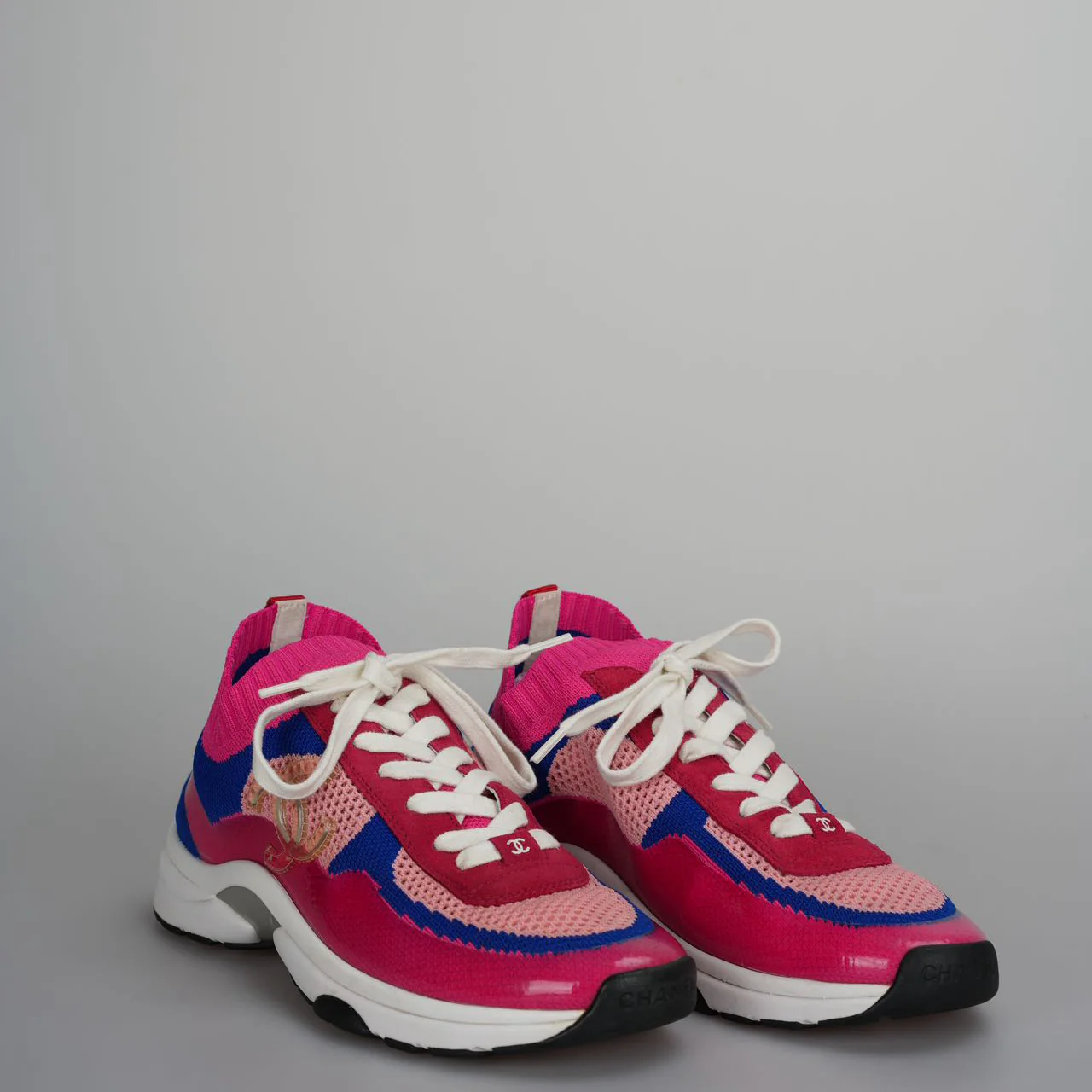 used-Chanel Fabric Suede Calfskin Stretch CC Sneakers Pink, Red and Blue Size 39-MILOURA