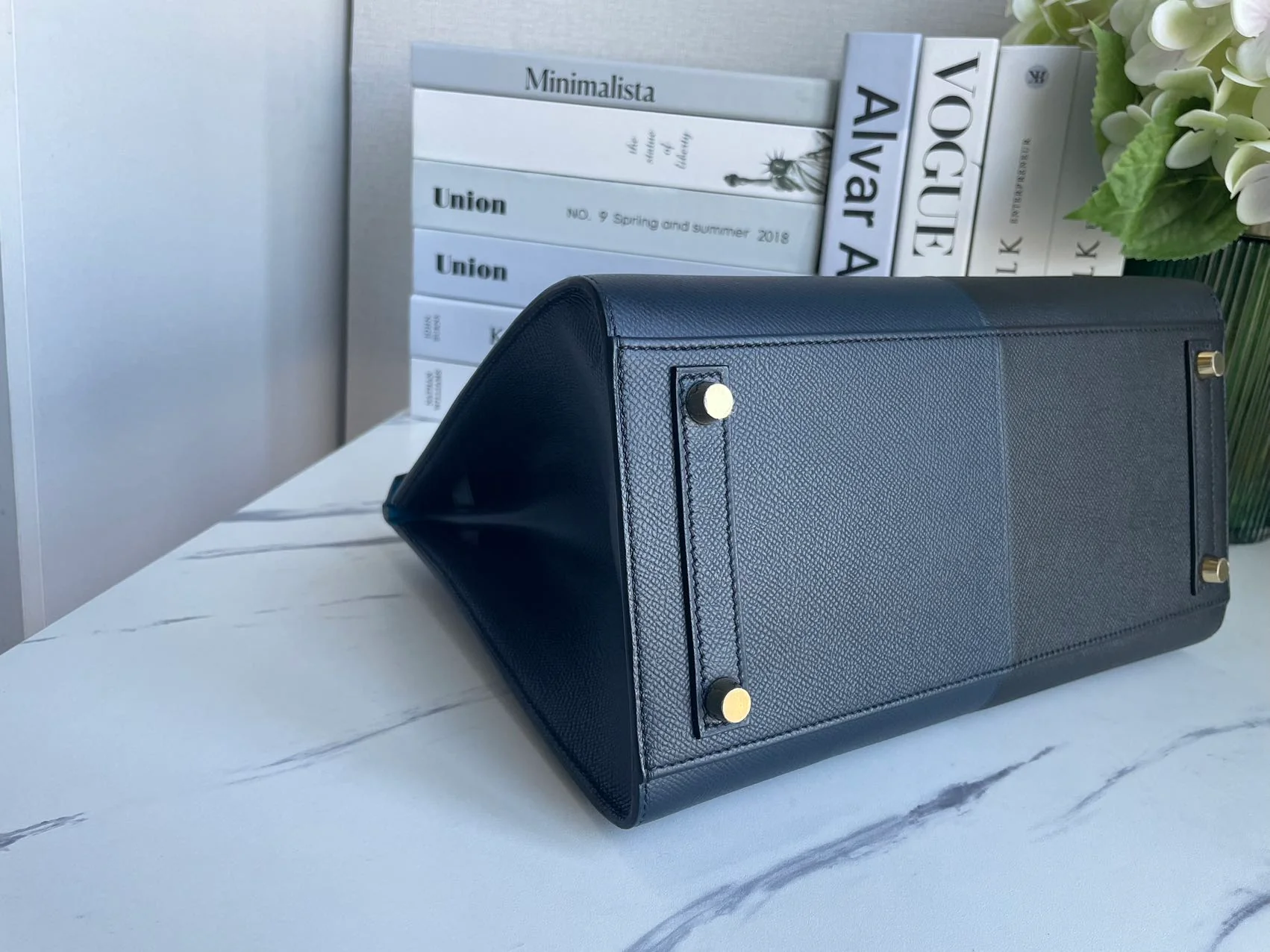 used-Hermes Birkin Bag 30 in Blue Indigo and Black Epsom Leather with Gold Hardware-MILOURA