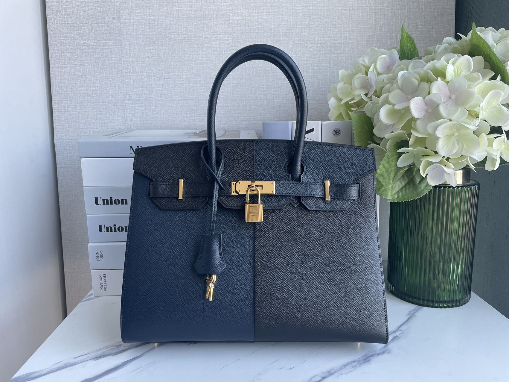 used-Hermes Birkin Bag 30 in Blue Indigo and Black Epsom Leather with Gold Hardware-MILOURA