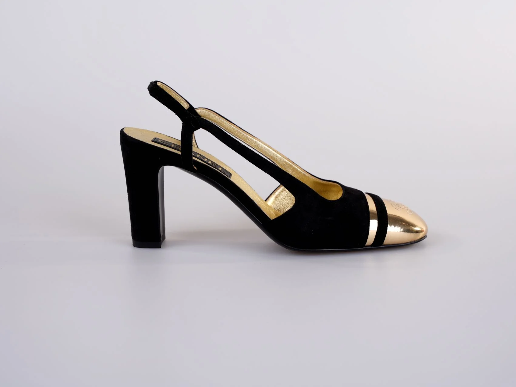 used-Chanel CC Slingback Heels Black Gold Size 37.5 EU-MILOURA