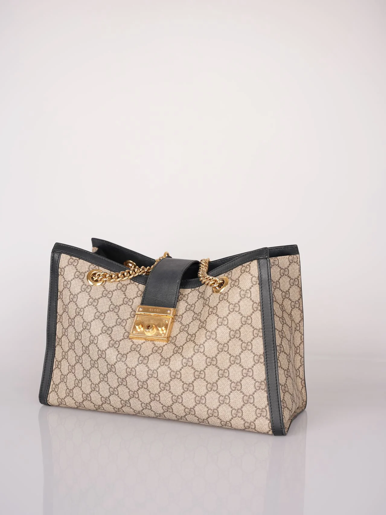 used-Gucci GG Logo Supreme Canvas Leather Padlock Tote Bag in Beige/Black in medium-MILOURA