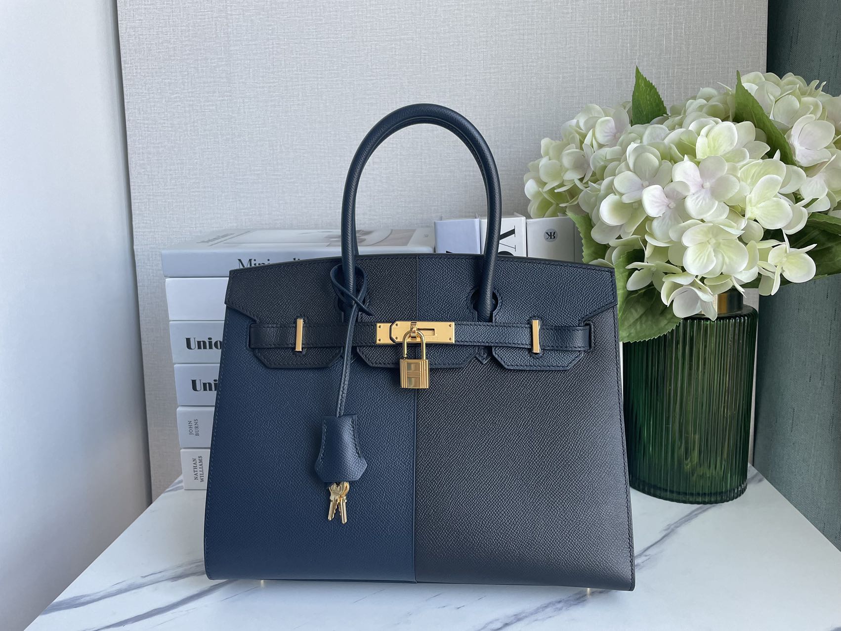 used-Hermes Birkin Bag 30 in Blue Indigo and Black Epsom Leather with Gold Hardware-MILOURA