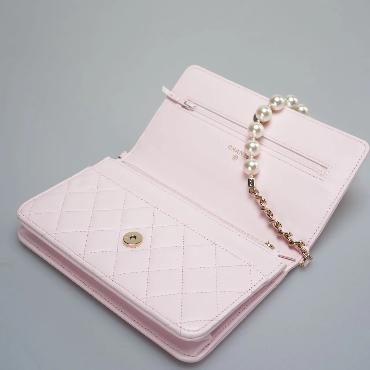 used-Chanel Pink Quilted Lambskin Pearl Wallet on Chain With Gold Hardware-MILOURA