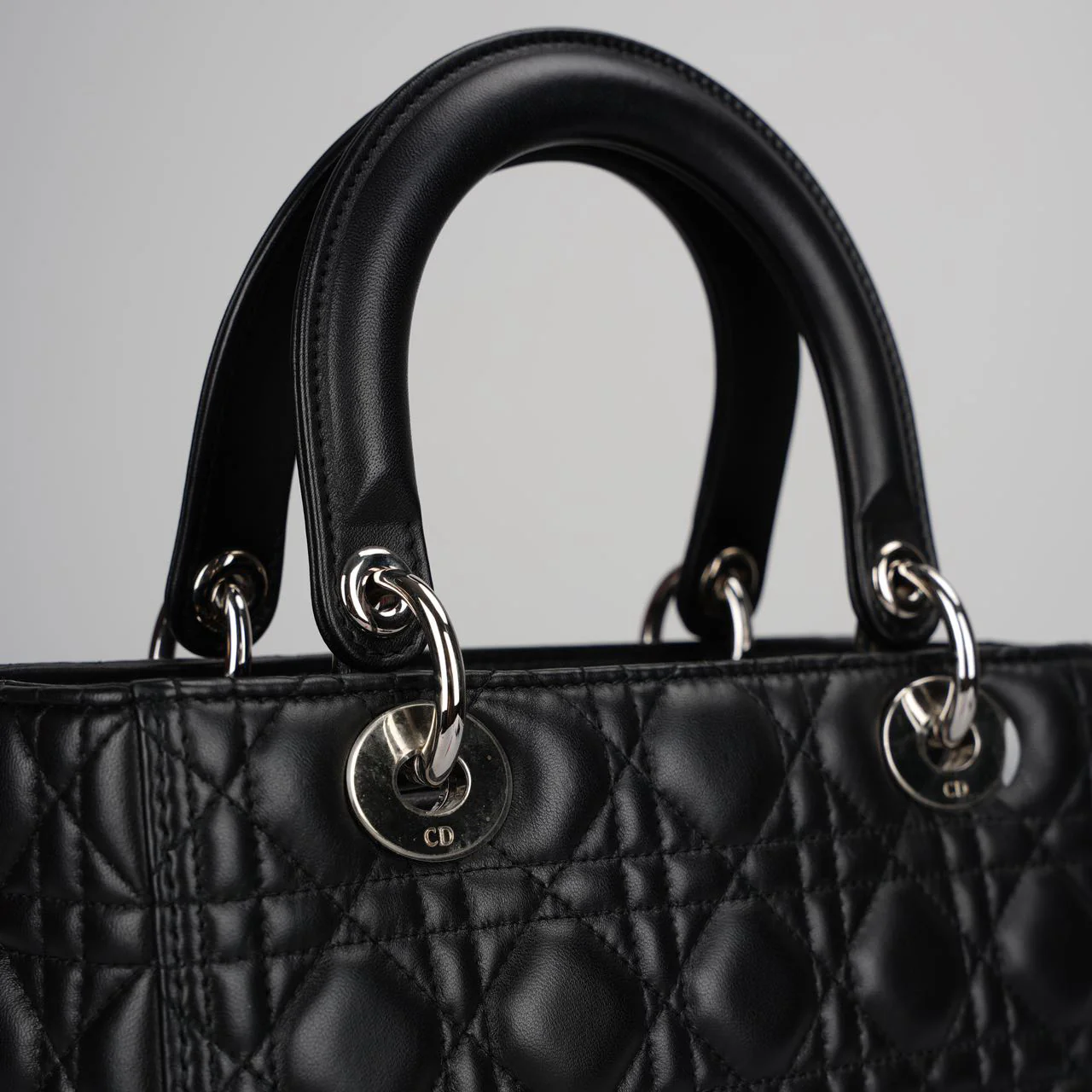 used-Christian Dior Black Medium Lady Dior Bag in Cannage Lambskin Leather with Silver Hardware-MILOURA