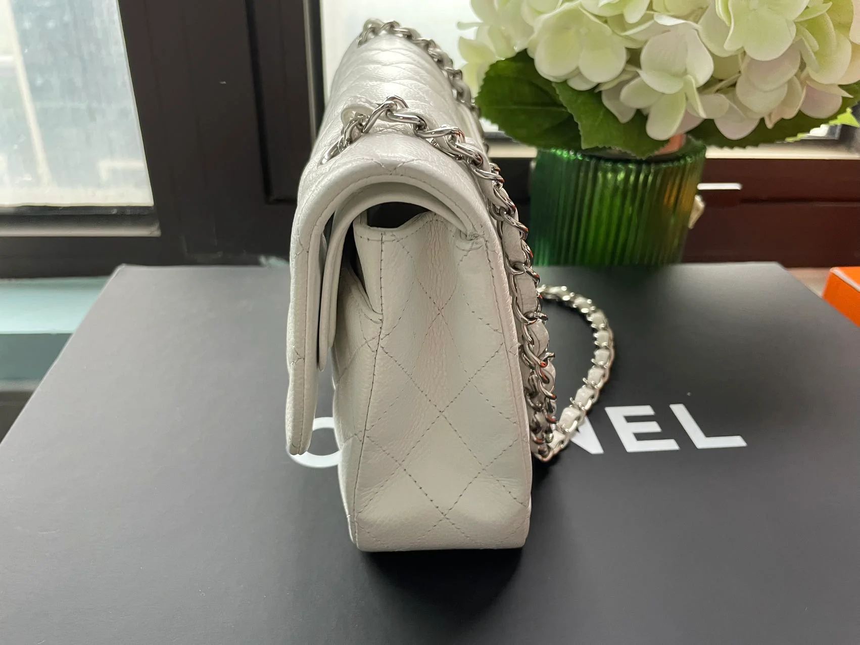 Chanel White Classic Flap Bag in medium Caviar Leather with Silver Hardware