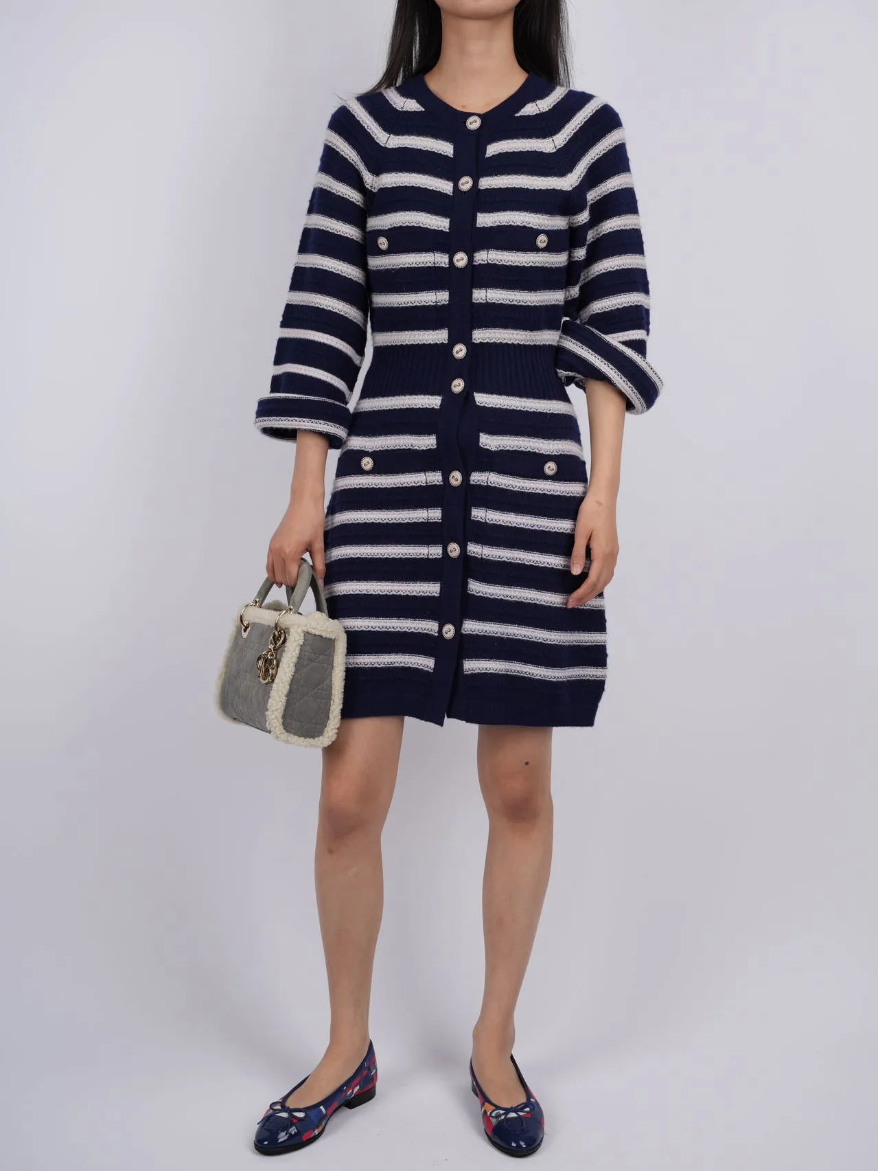 used-CHANEL cashmere Striped Dress in Navy Blue and White FR 34-MILOURA