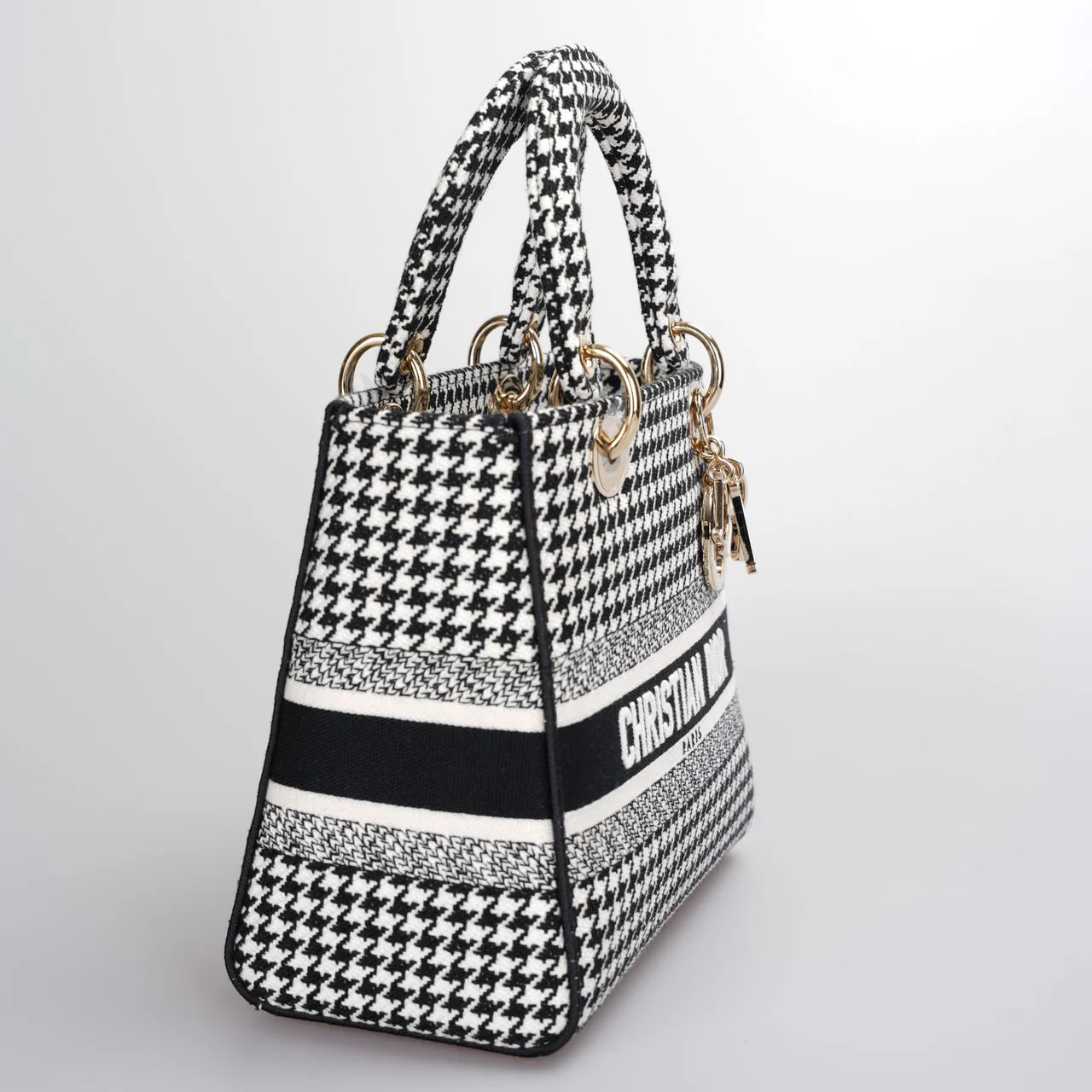 used-Christian Dior Black White Houndstooth Canvas Medium Lady D-Lite bag-MILOURA
