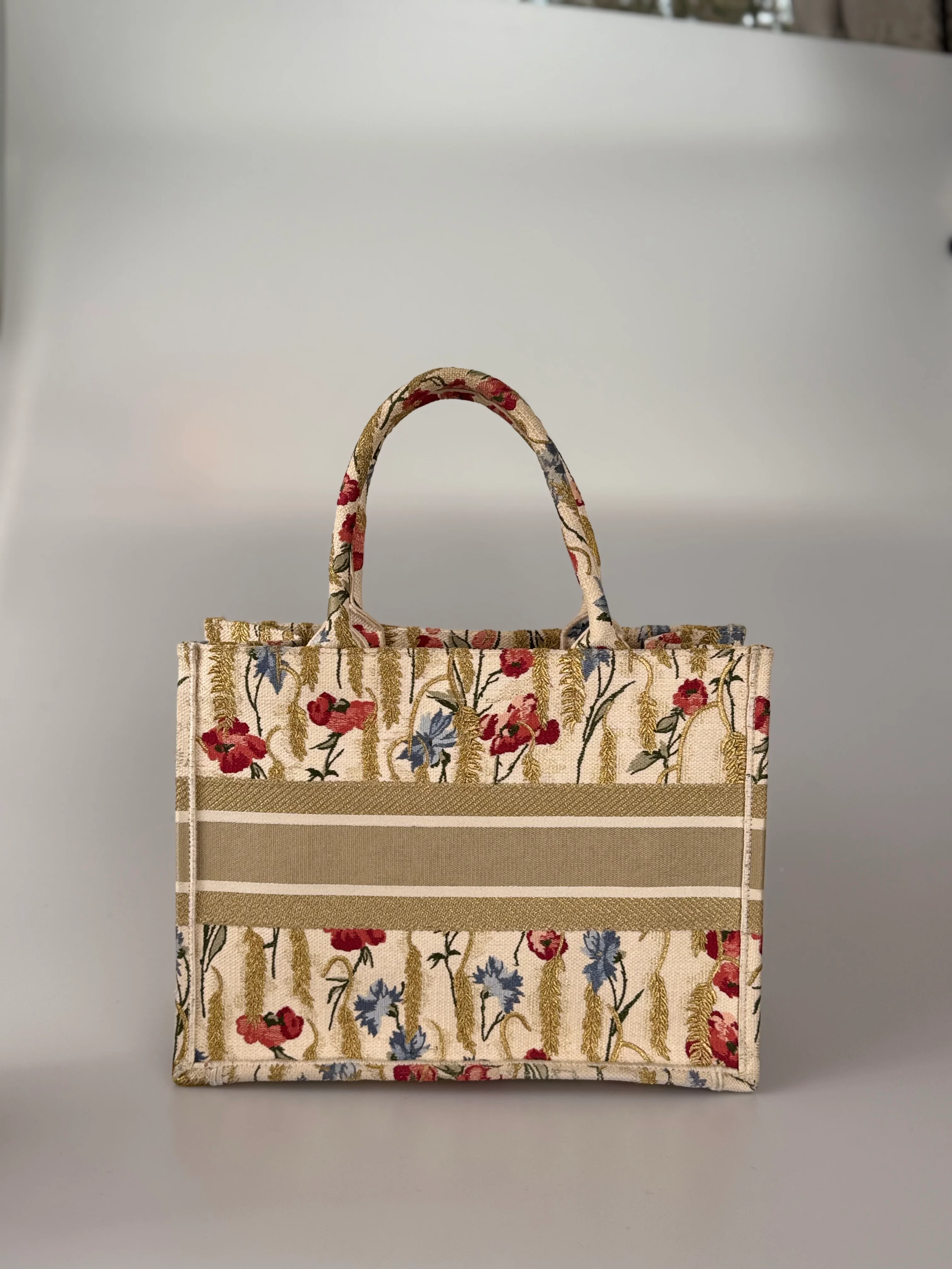 used-CHRISTIAN DIOR Beige Floral Embroidered Canvas Book Tote Medium-MILOURA