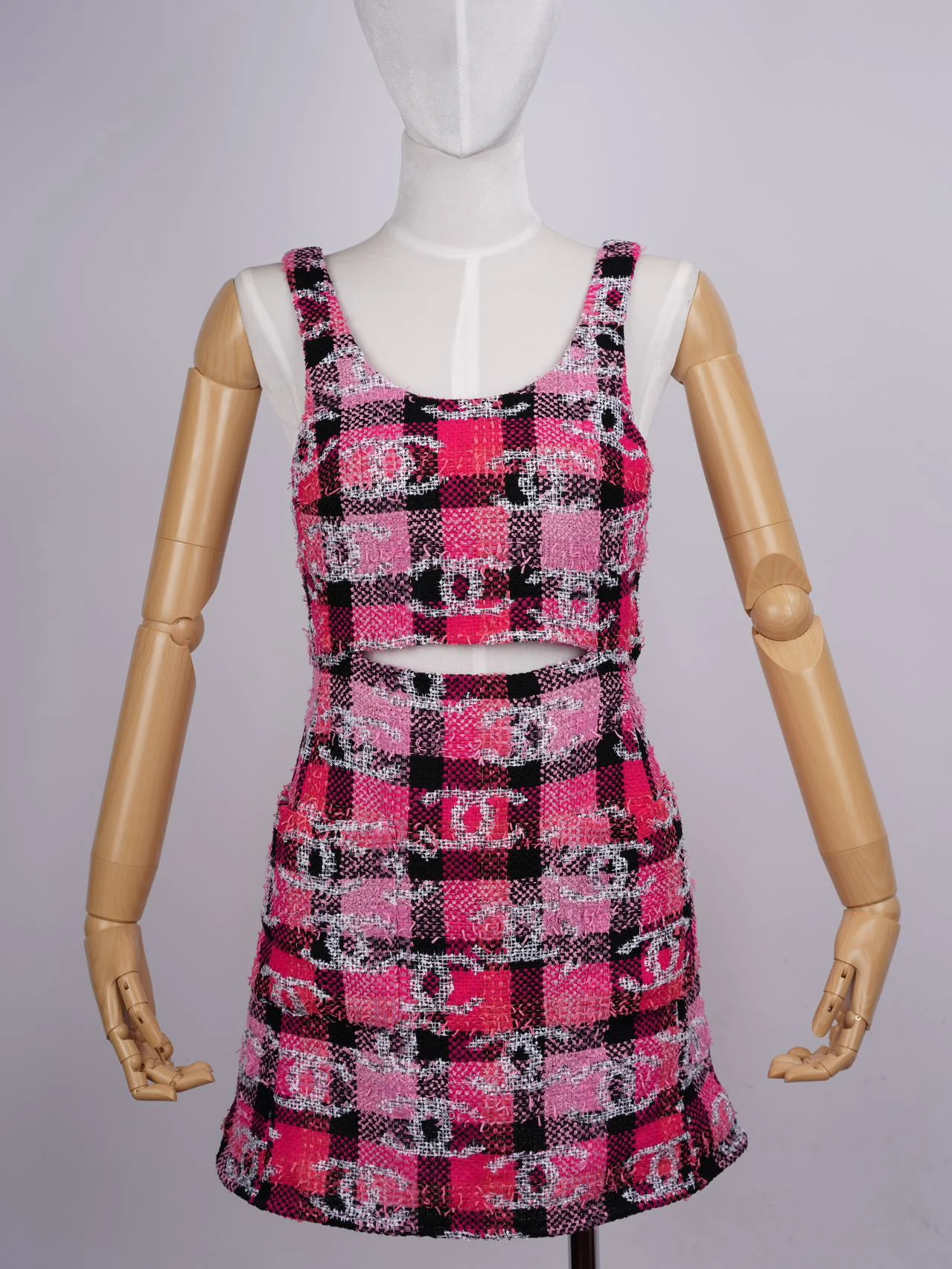 used-Chanel Coco Beach Mini Dress Tweed Pink Black Size 38-MILOURA