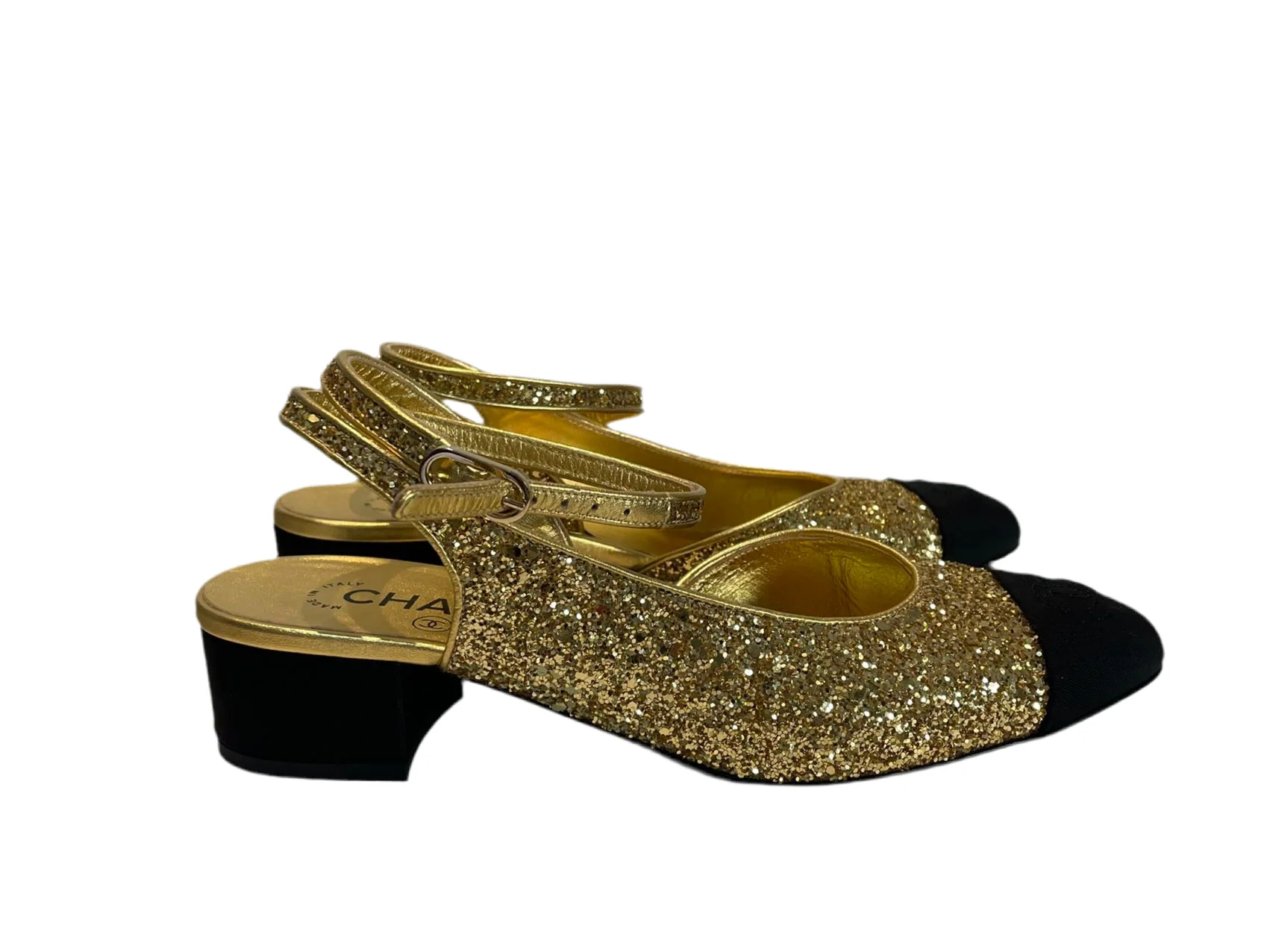 used-Chanel GoldBlack Coarse Glitter and Fabric CC Cap Toe Slingback Pumps Size EU37.5-MILOURA