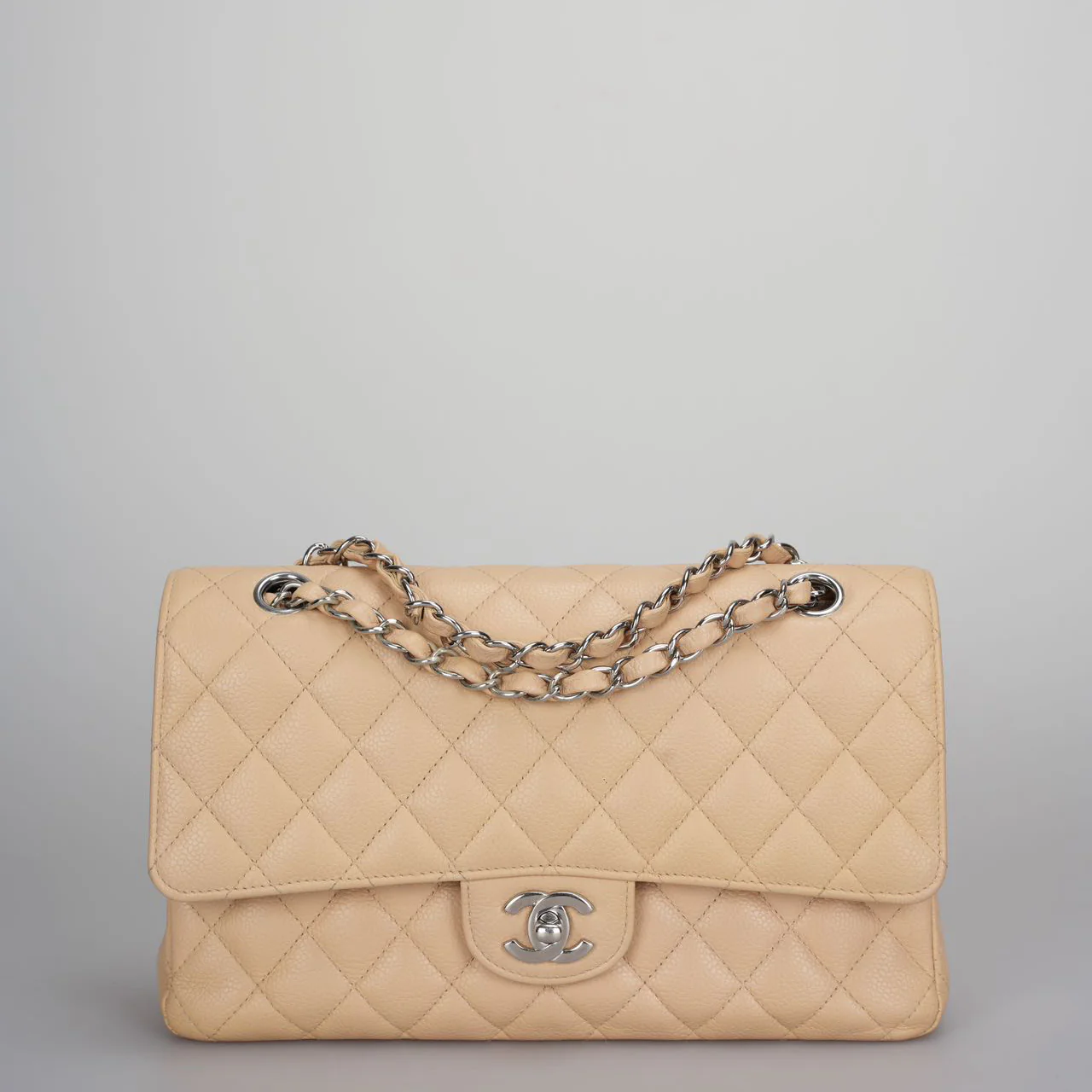 used-Chanel Beige Quilted Caviar Leather timeless Double Flap Bag medium-MILOURA