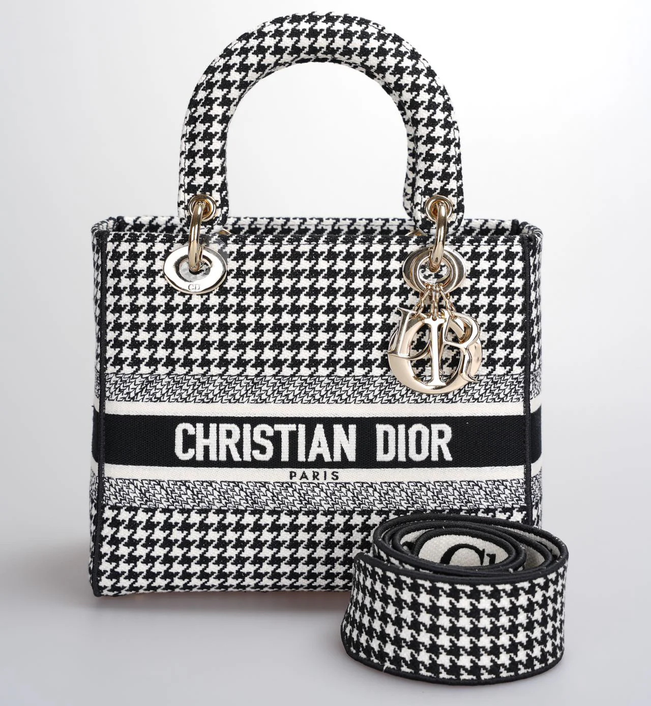 used-Christian Dior Black White Houndstooth Canvas Medium Lady D-Lite bag-MILOURA