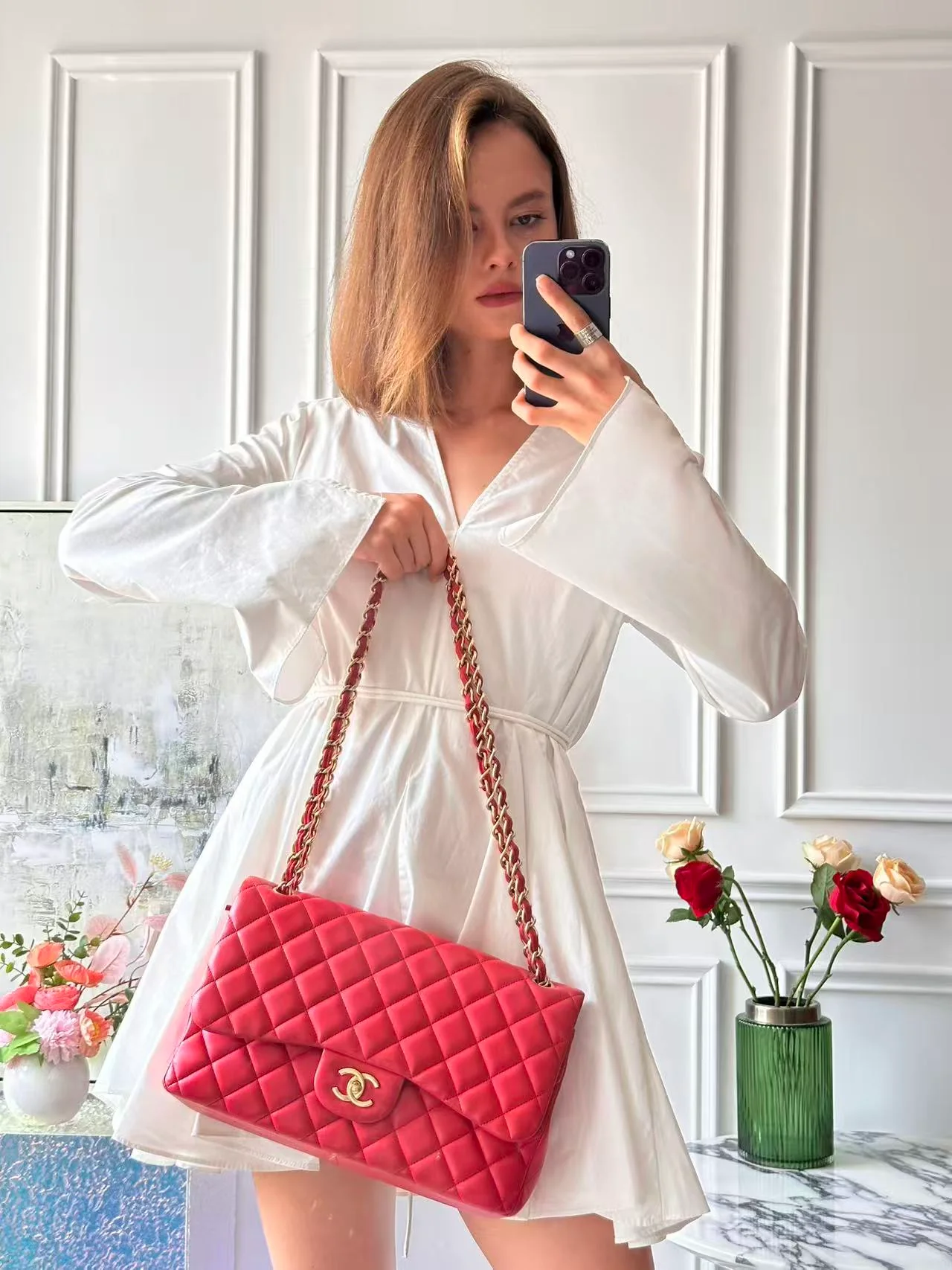 Sac Chanel Timeless Classic Double Flap Jumbo en agneau rouge d'occasion