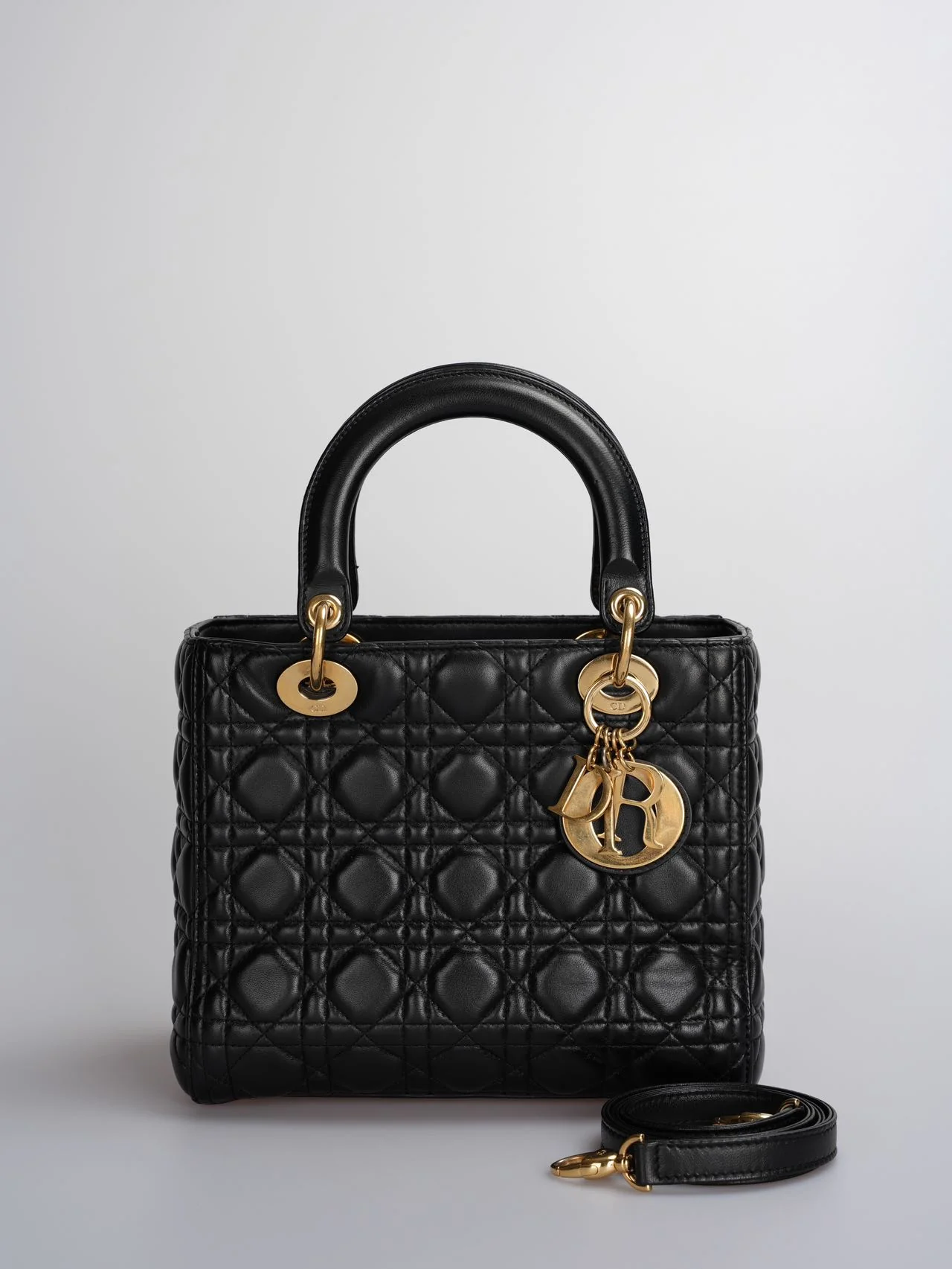 used-Christian Dior Black Medium Lady Dior Bag in Cannage Lambskin Leather with Gold Hardware-MILOURA
