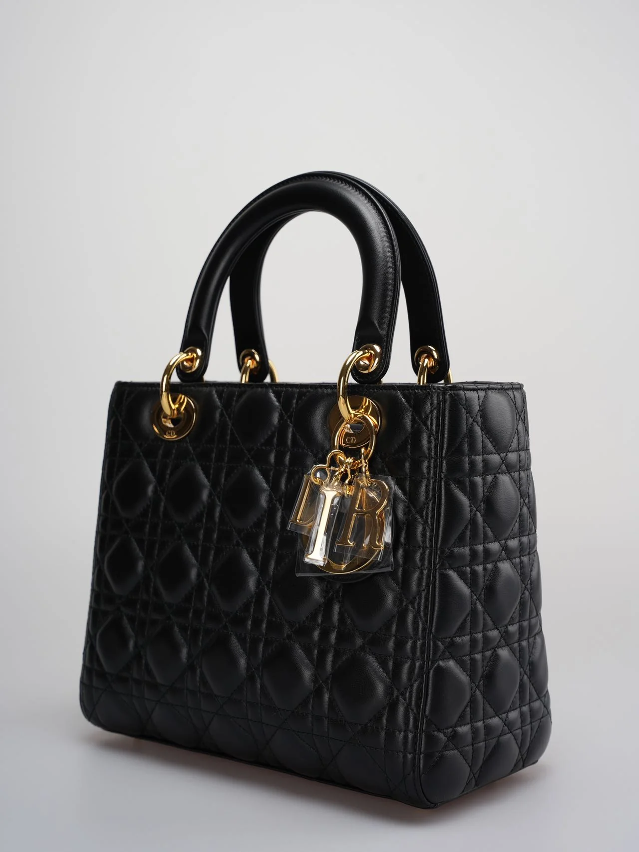 used-Christian Dior Black Lady Dior Bag Medium in Cannage Lambskin Leather with Gold Hardware-MILOURA