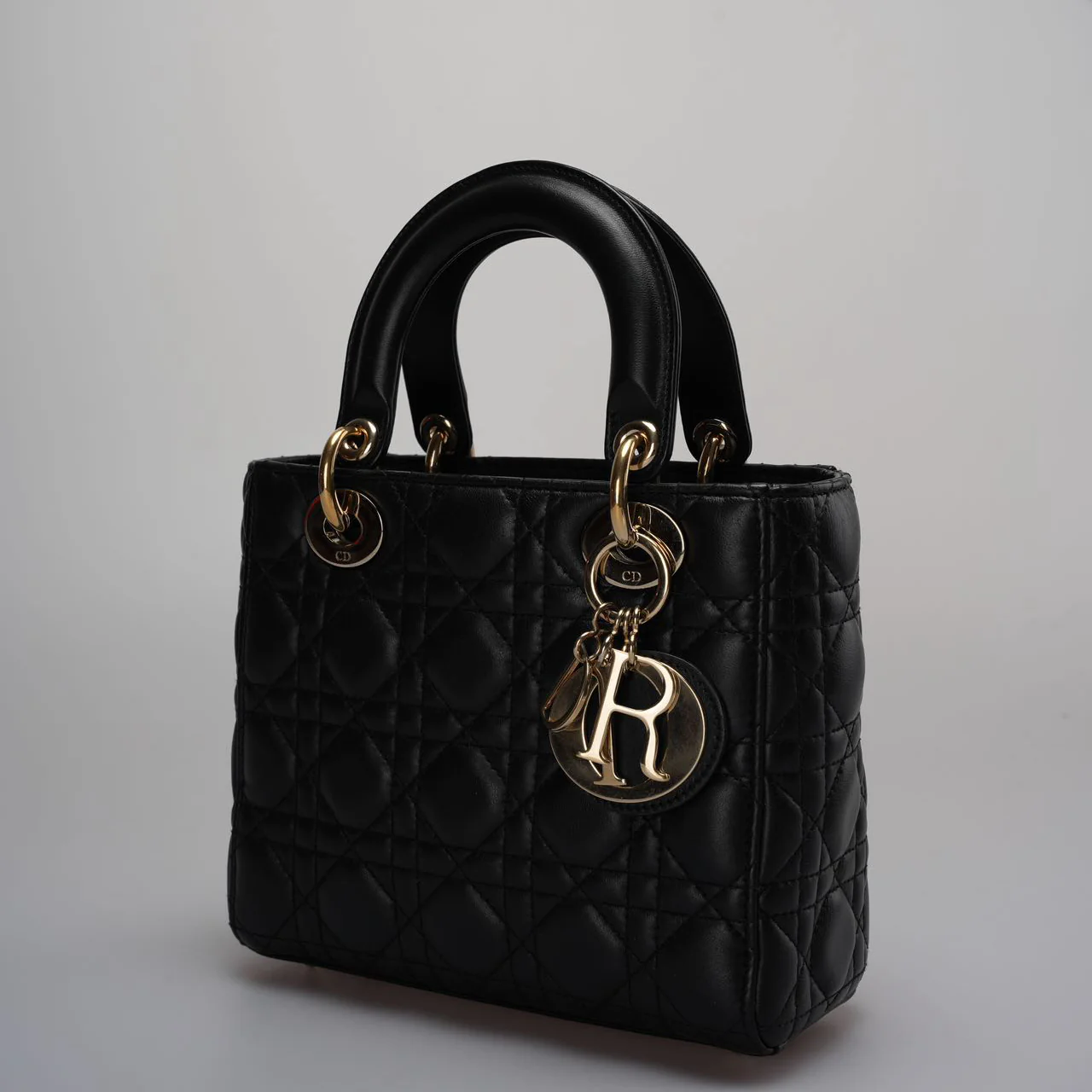 used-Christian Dior Black Small Lady Dior Bag in Cannage Lambskin Leather with Gold Hardware-MILOURA