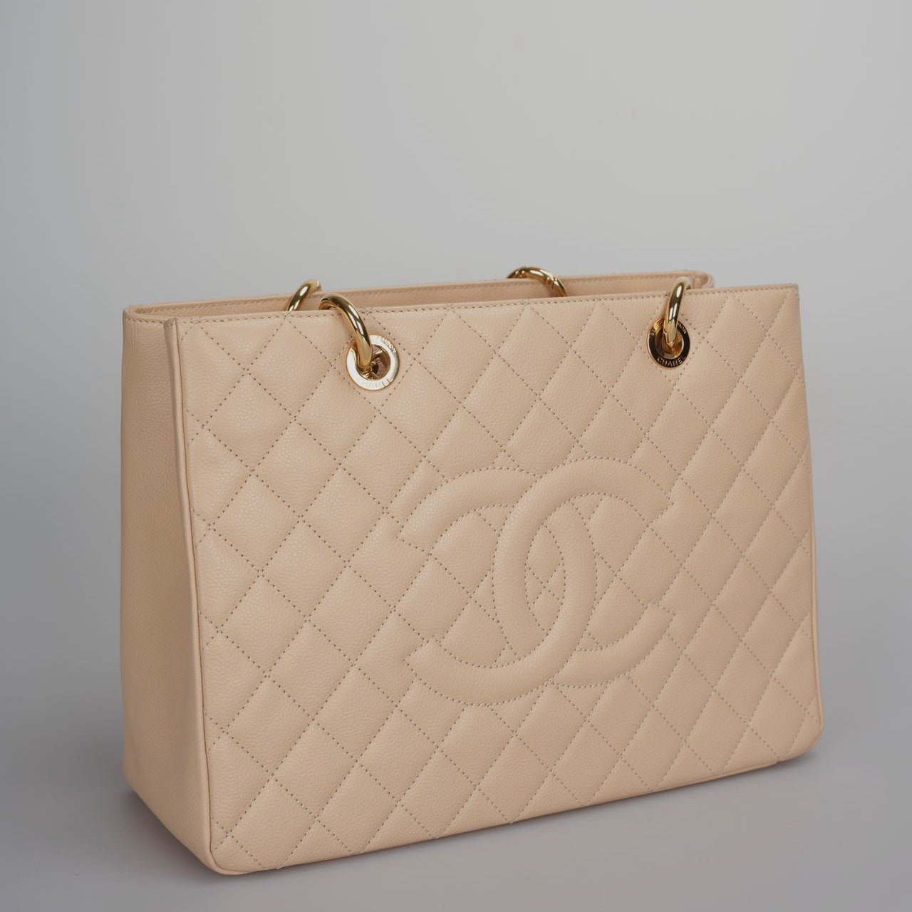 used-Chanel Beige Grand Shopping Tote GST Bag in Caviar Leather with gold Hardware-MILOURA