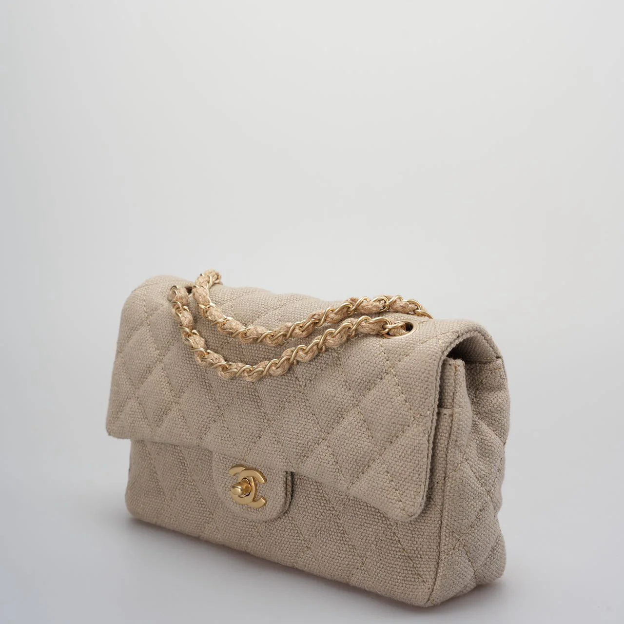 used-Chanel linen timeless Quilted Medium Flap in Beige very rare-MILOURA