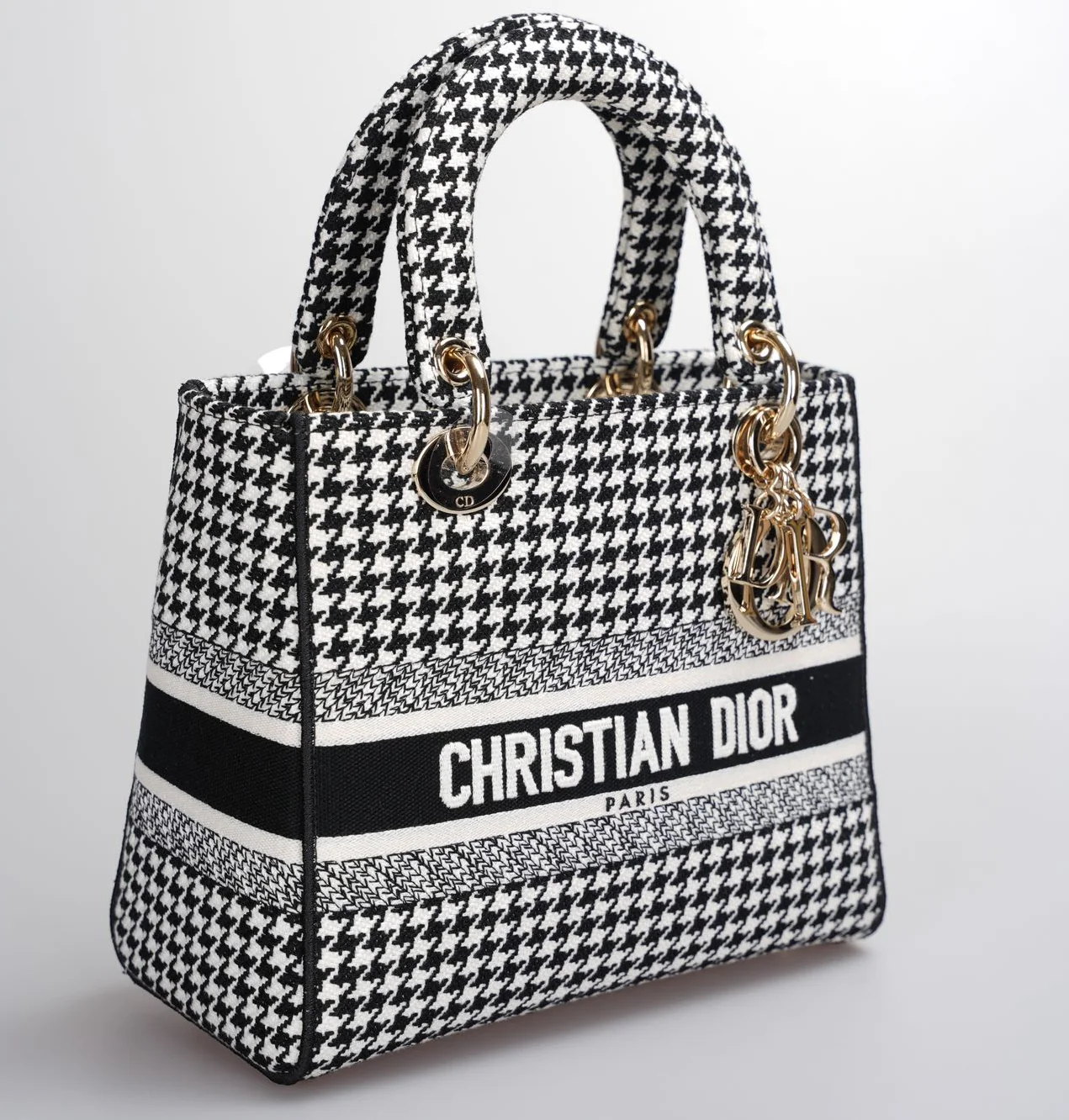used-Christian Dior Black White Houndstooth Canvas Medium Lady D-Lite bag-MILOURA