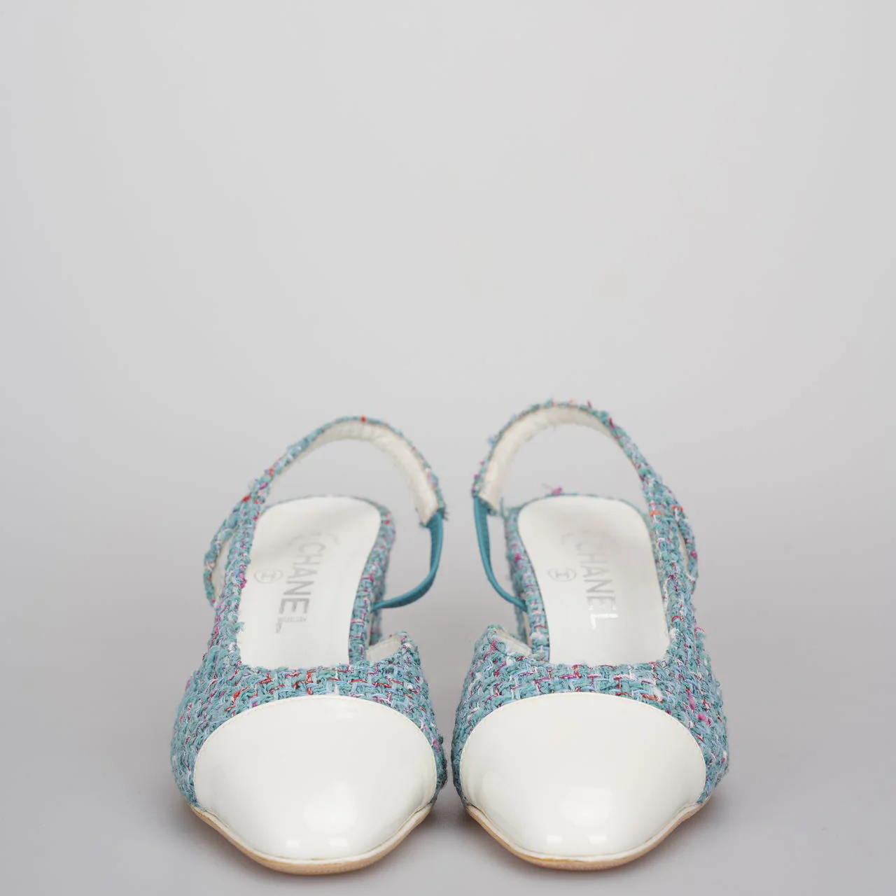 used-Chanel tweed slingback Tiffany blue pumps 38-MILOURA