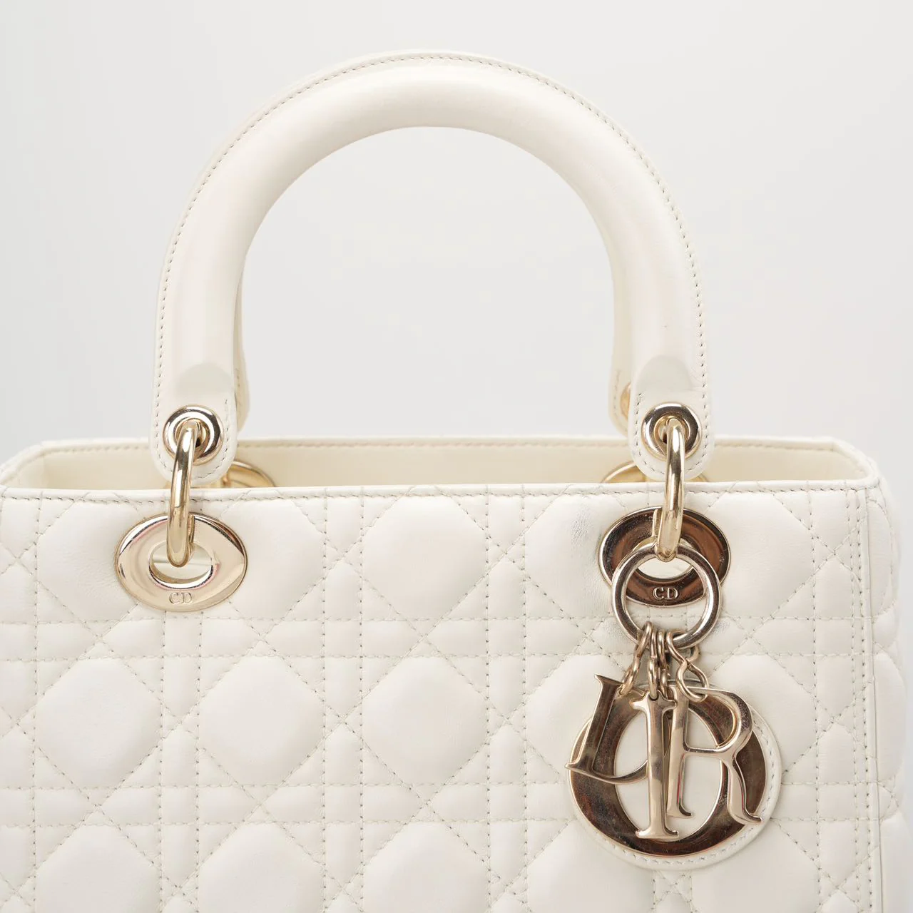 used-Christian Dior White Medium Lady Dior Bag in Cannage Lambskin Leather with Gold Hardware-MILOURA