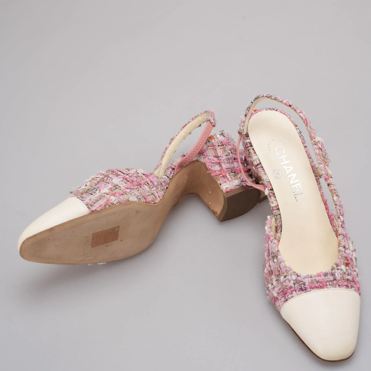Chanel Pink and White Tweed Slingback Sandals 37.5