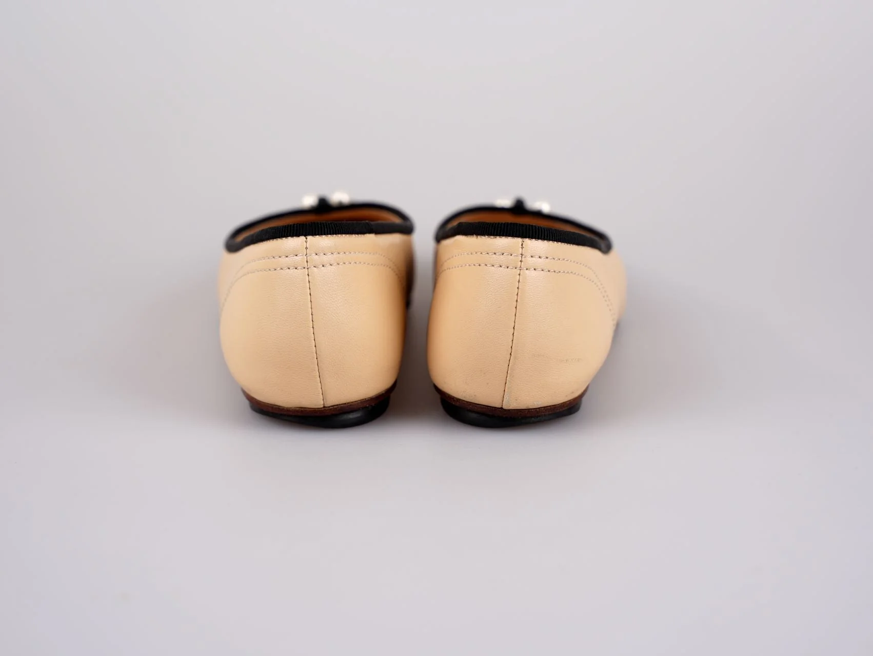 used-Chanel CC Lambskin Cap Toe Ballerinas with Pearls Beige/Black 38C-MILOURA