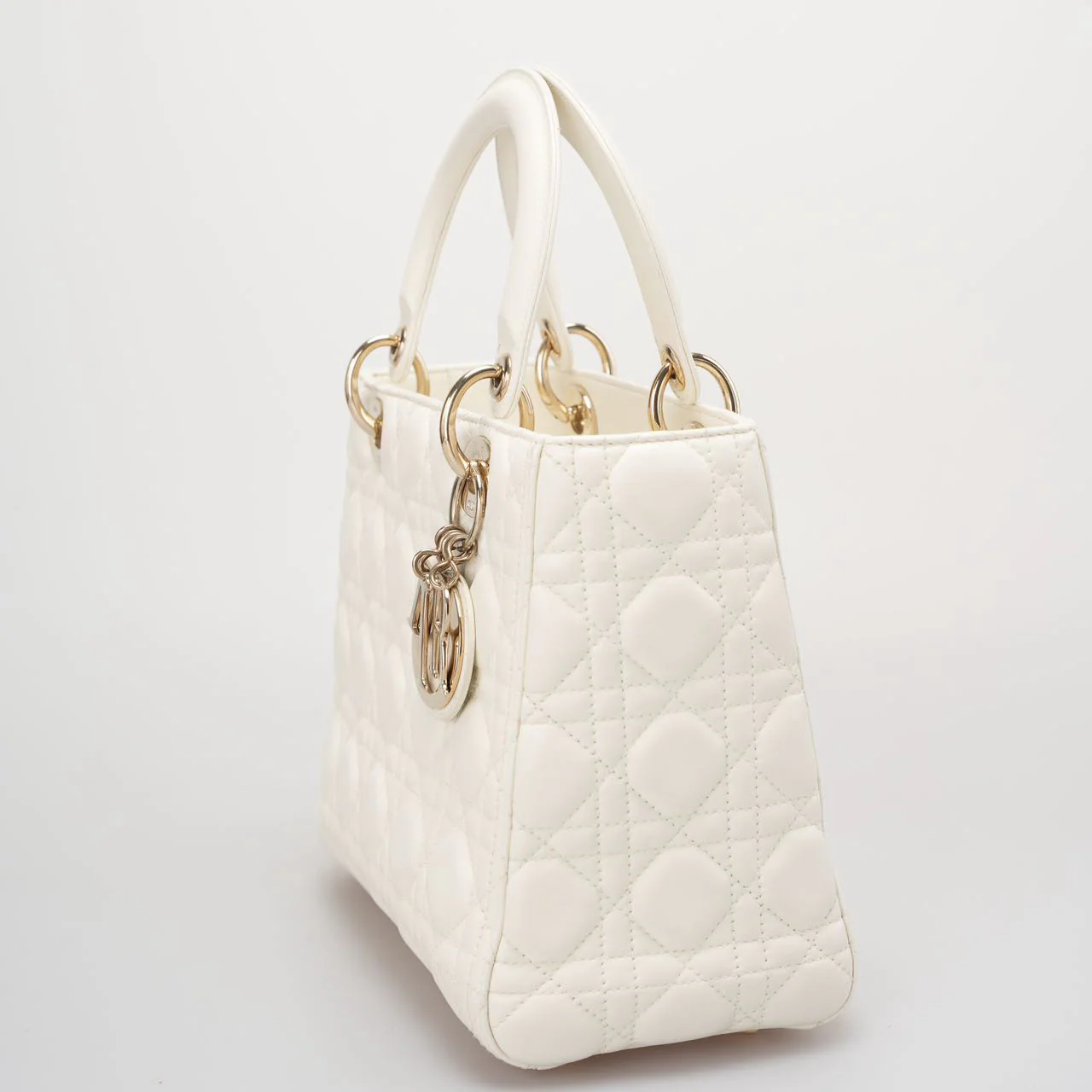 used-Christian Dior White Medium Lady Dior Bag in Cannage Lambskin Leather with Gold Hardware-MILOURA