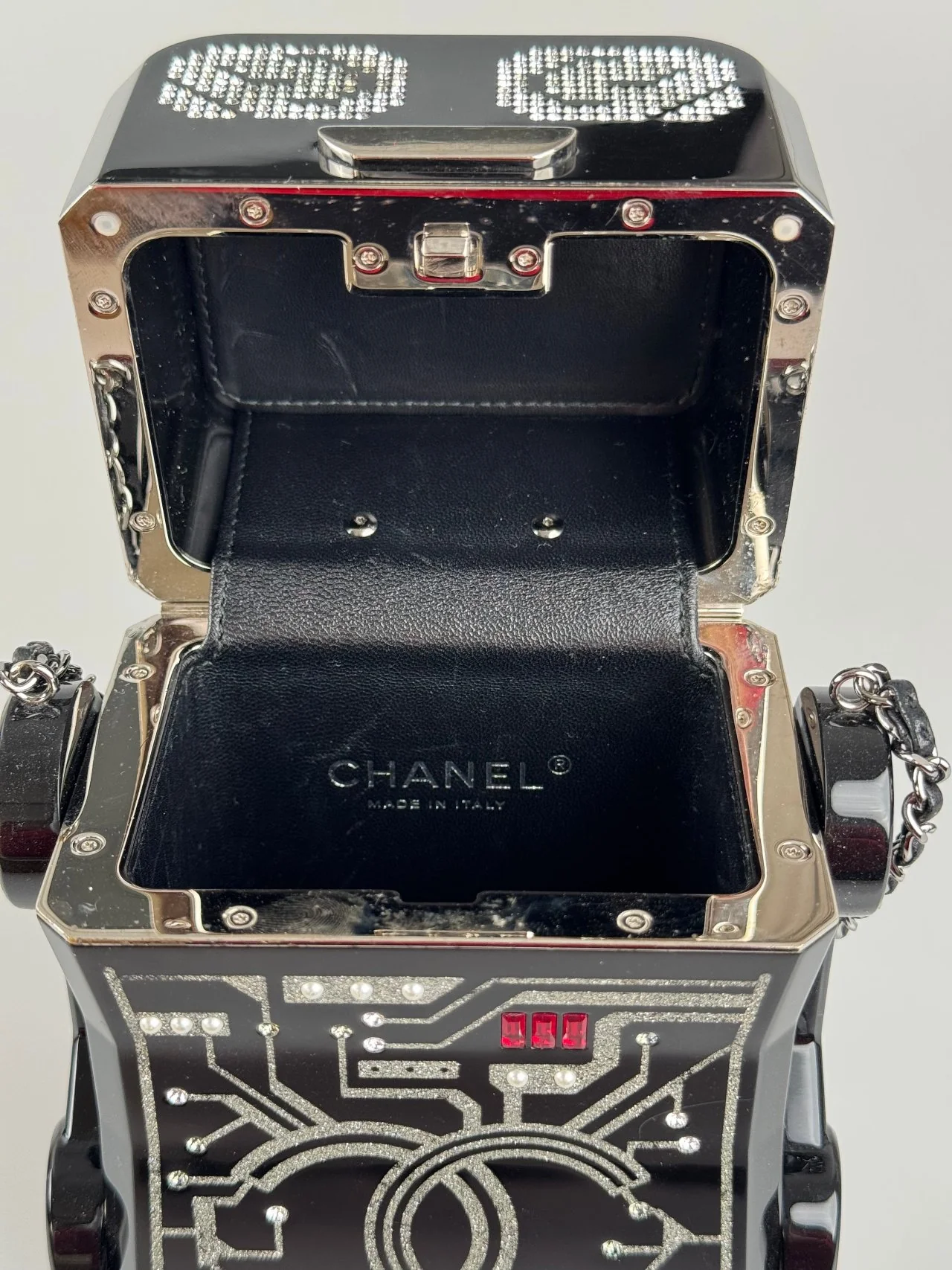 used-Chanel Plexiglass Crystal Robot Minaudiere Clutch Black-MILOURA