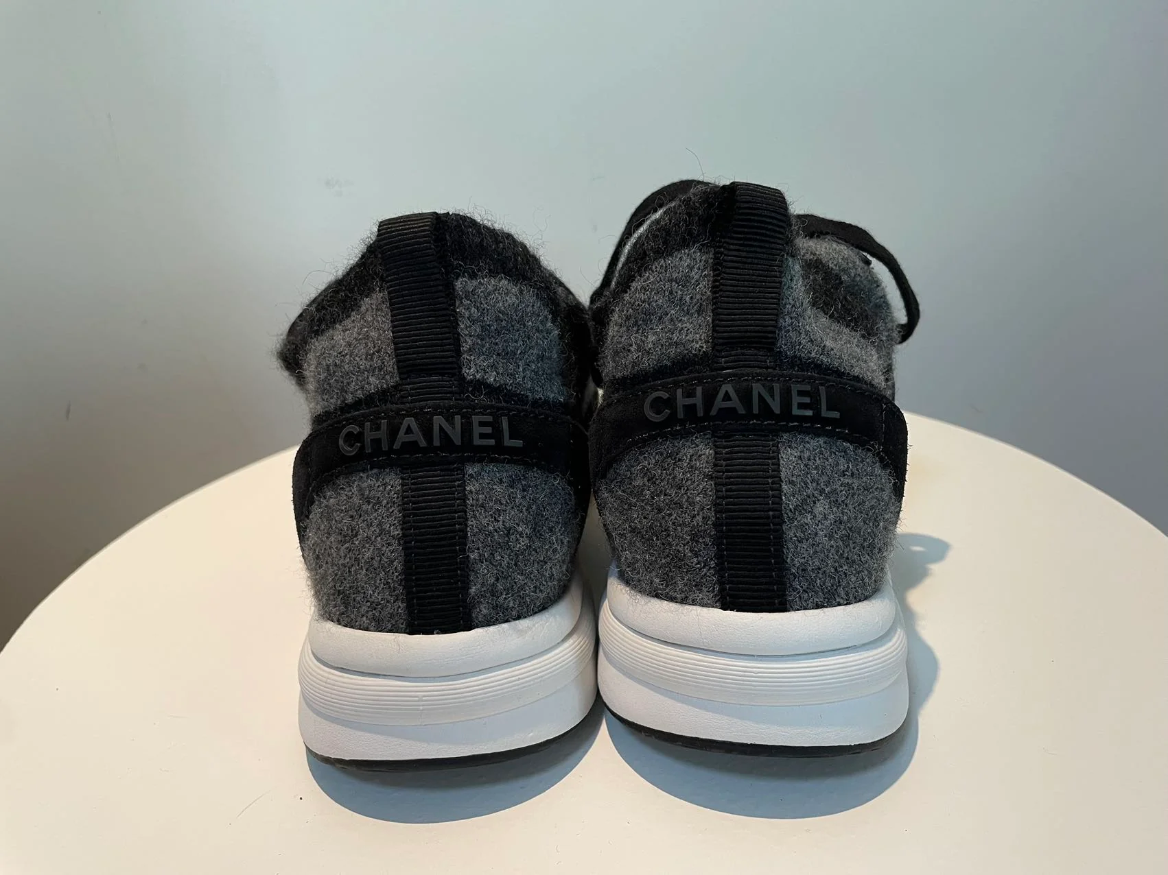 used-CHANEL Fabric Suede Calfskin Womens CC Sneakers size 42 in Grey and Black-MILOURA