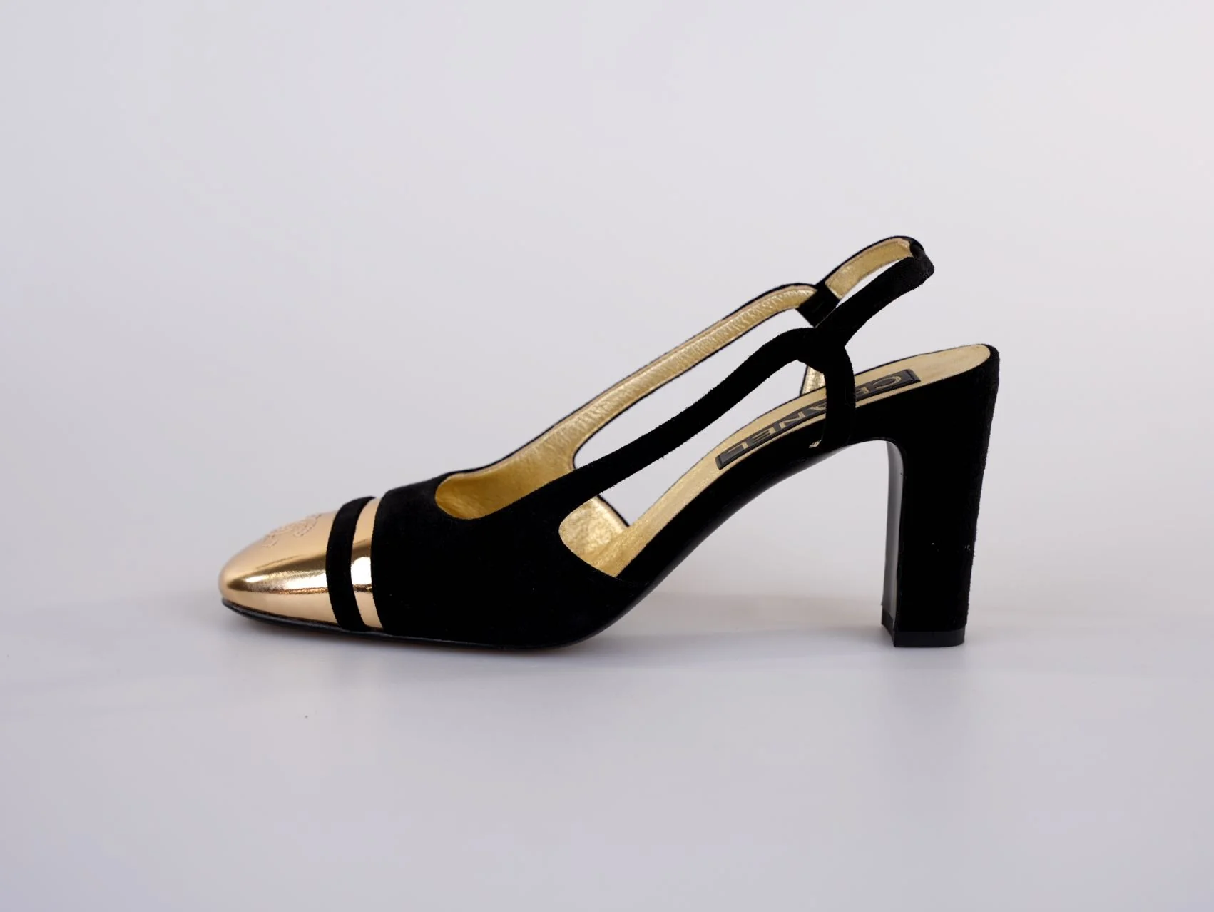 used-Chanel CC Slingback Heels Black Gold Size 37.5 EU-MILOURA