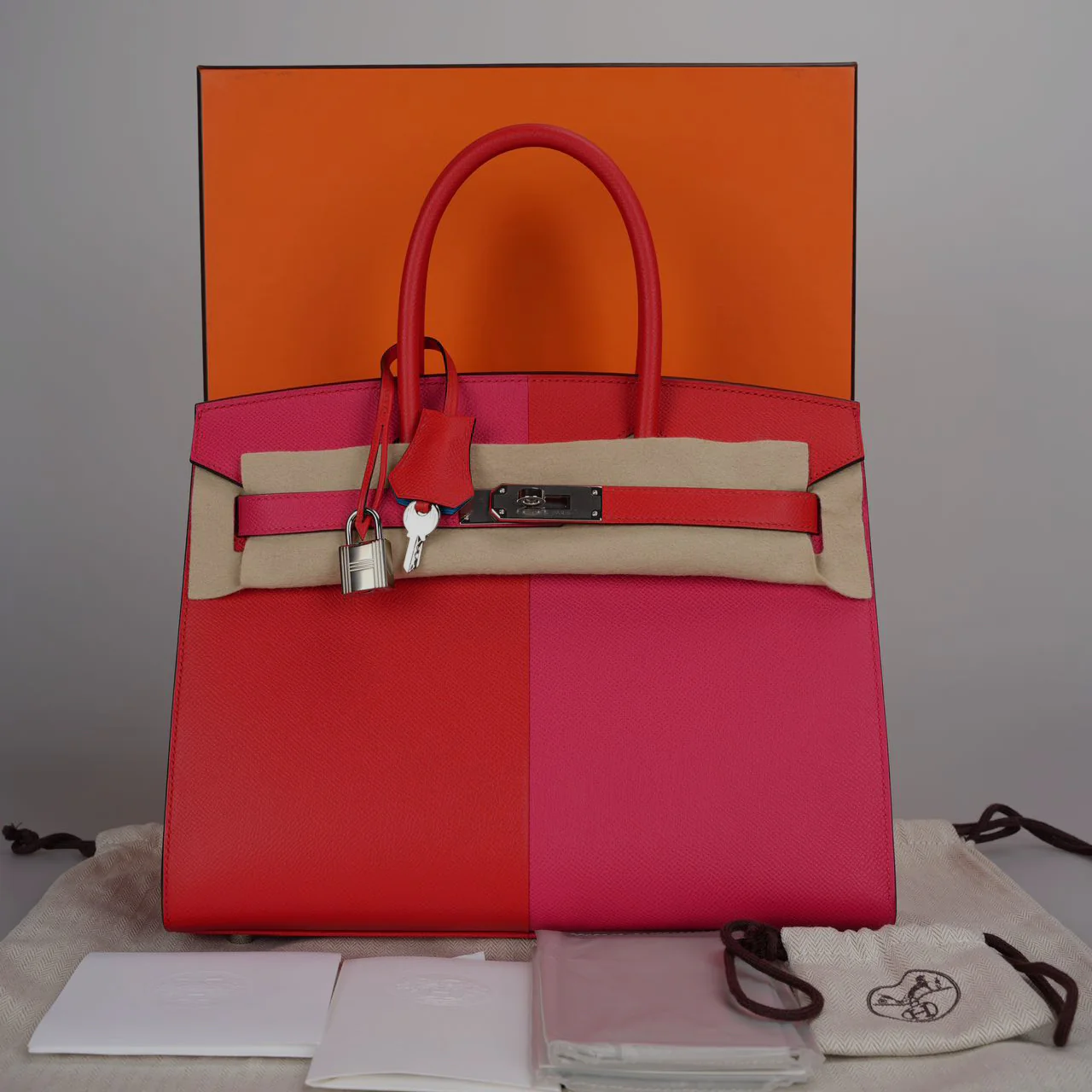 used-Hermes Epsom Casaque Birkin Sellier 30 Rouge Coeur Rose Extreme Bleu Zanziba with palladium Hardware-MILOURA