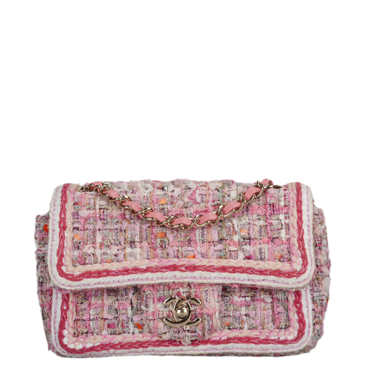 used-Chanel Timeless Tweed Mini Flap Bag in White and Pink With Gold Hardware-MILOURA