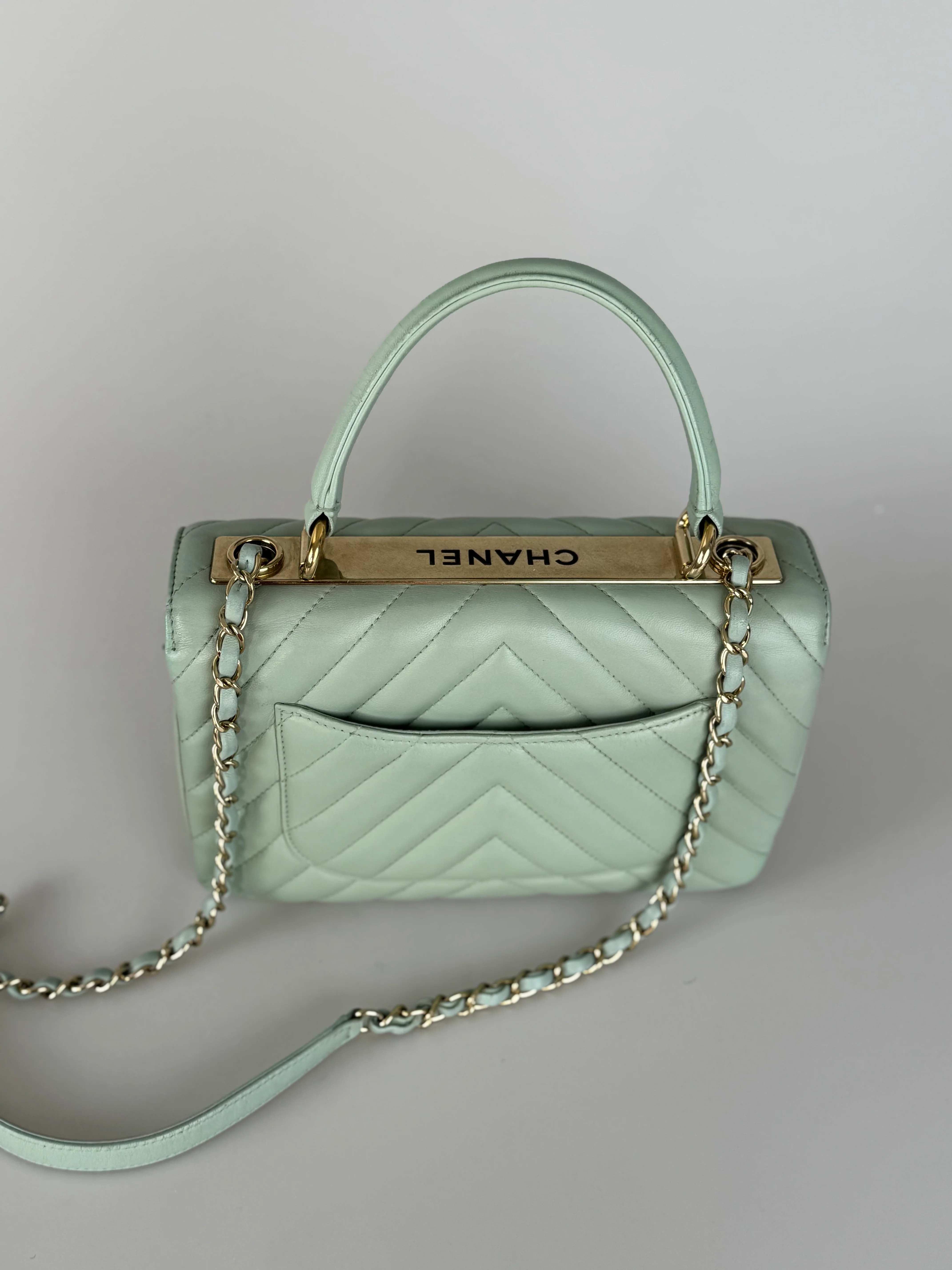 used-CHANEL Lambskin Chevron Quilted Small Trendy CC Dual Handle Flap Bag Light Green-MILOURA