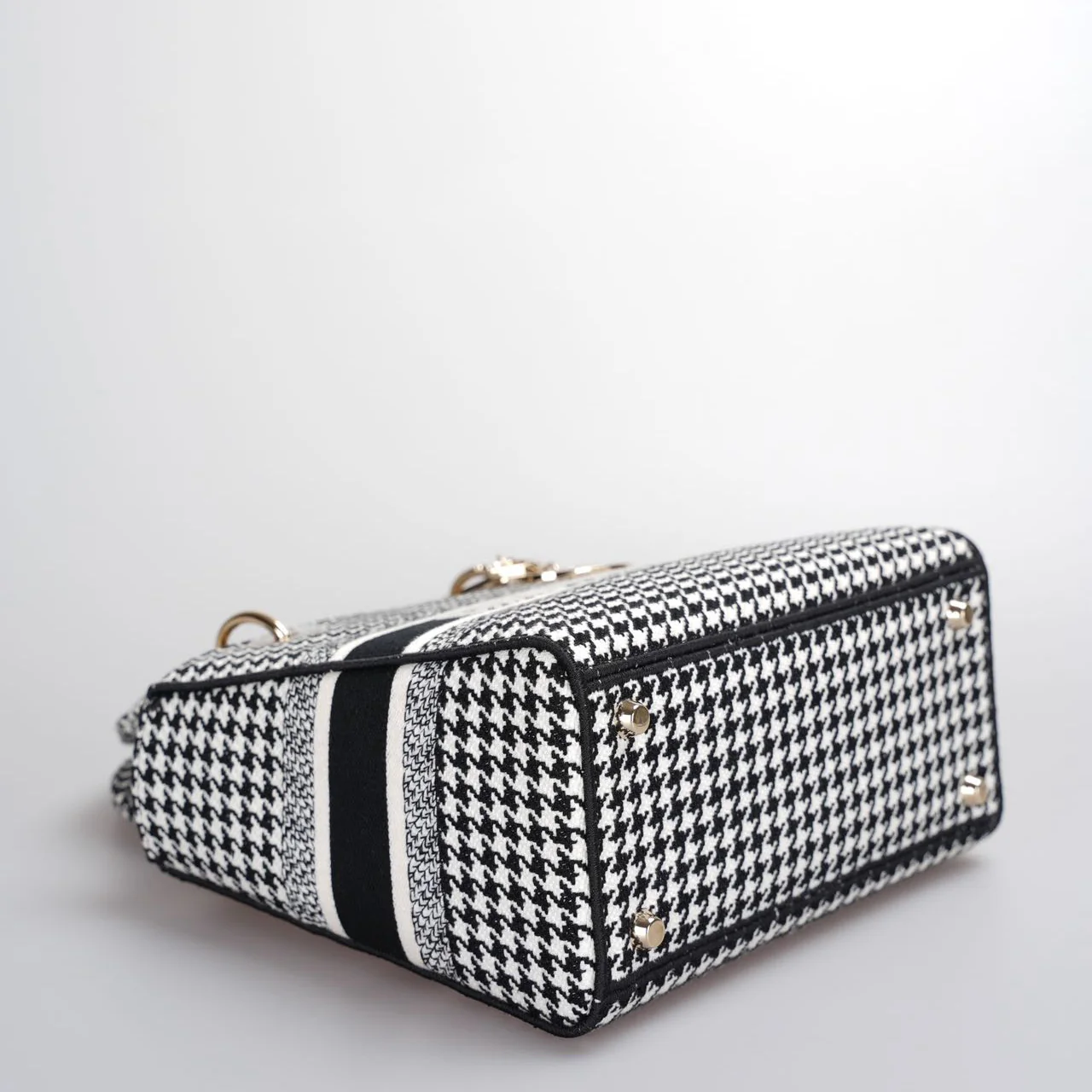 used-Christian Dior Black White Houndstooth Canvas Medium Lady D-Lite bag-MILOURA