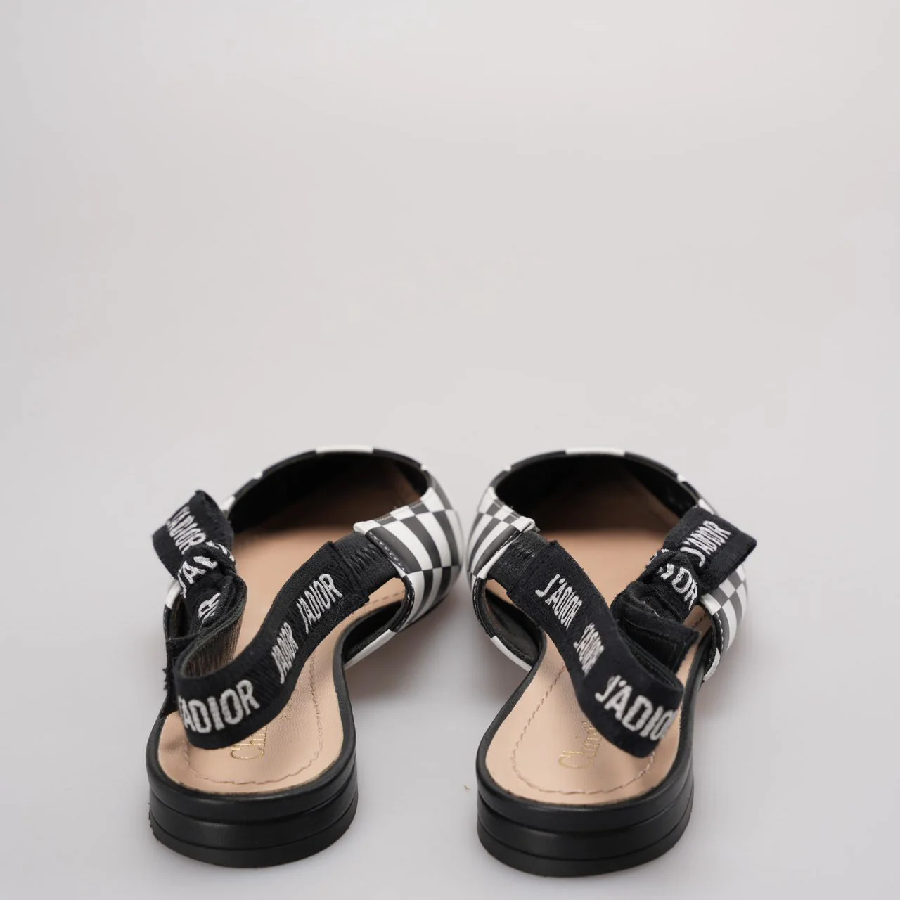 Christian Dior Calfskin Ribbon Checker Print J'Adior SlingBack Flats In Black and White Size 37