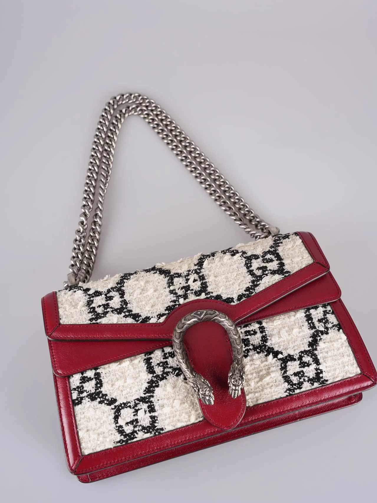 used-Gucci Tweed Monogram Small Dionysus Shoulder Bag in White/Black/Romantic Cherry-MILOURA