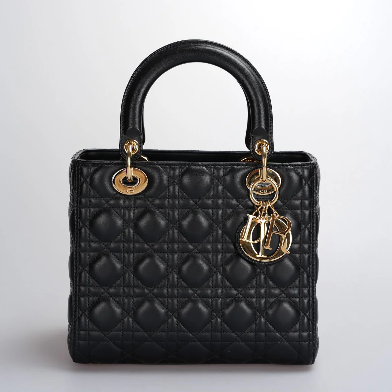 used-Christian Dior Black Medium Lady Dior Bag in Cannage Lambskin Leather with Gold Hardware-MILOURA
