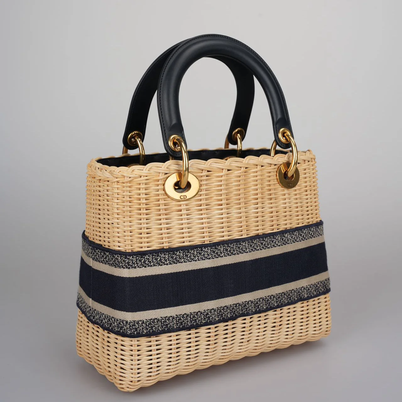 used-Christian Dior Natural Wicker/Blue Oblique Canvas Medium Lady Dior Bag-MILOURA