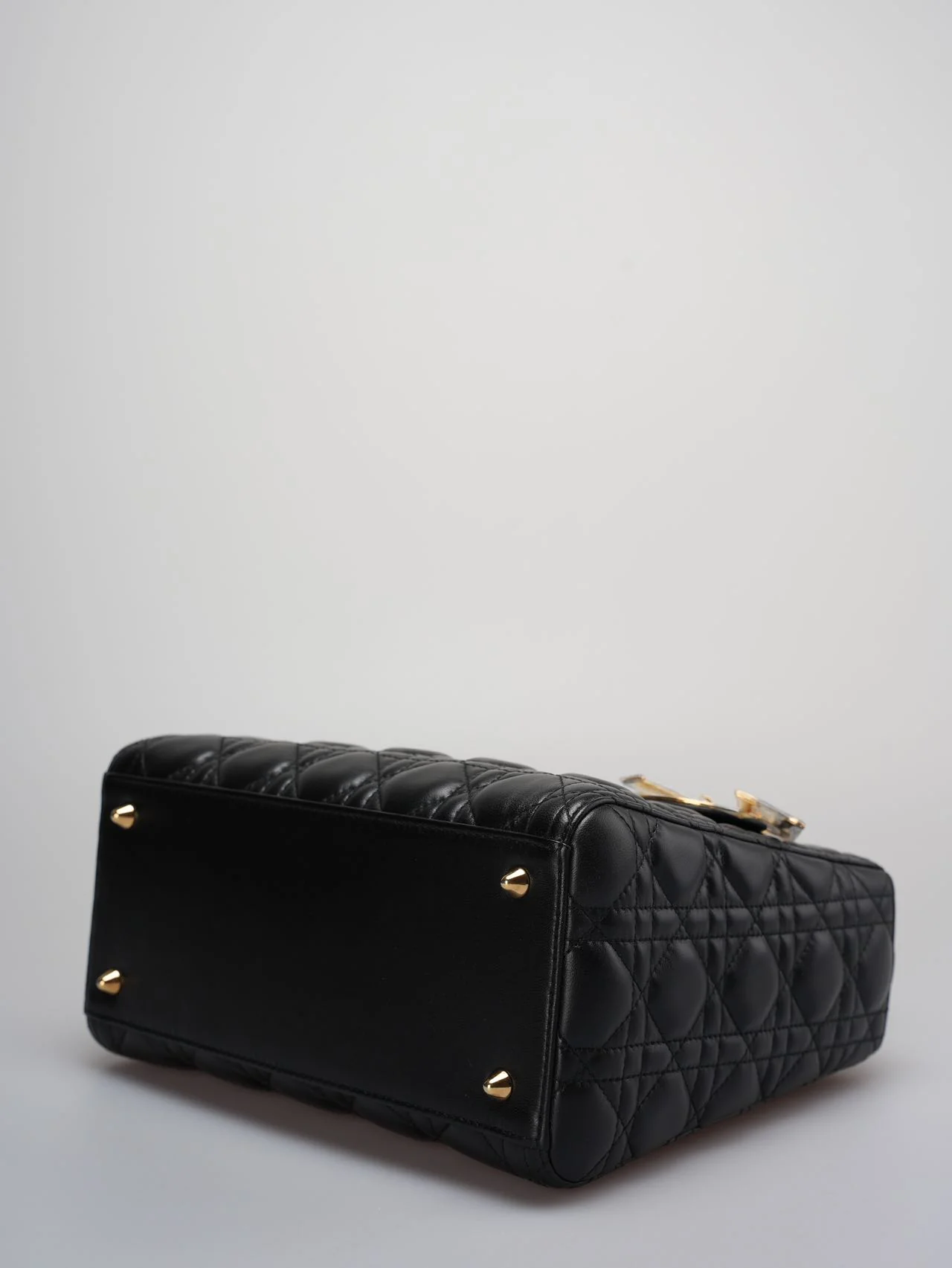 used-Christian Dior Black Lady Dior Bag Medium in Cannage Lambskin Leather with Gold Hardware-MILOURA