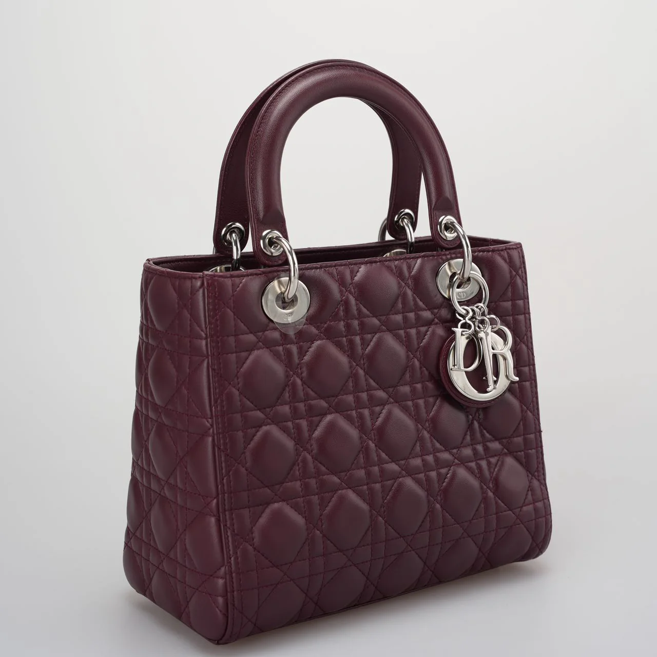 used-Christian Dior Burgundy Lady Dior Bag in Cannage Lambskin Leather with Silver Hardware Medium-MILOURA