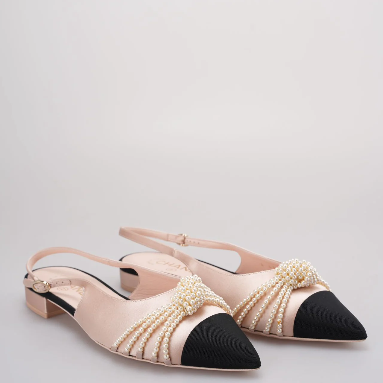 used-Chanel Satin Grosgrain Pearl Slingback Flats Pink/Black Size 38-MILOURA