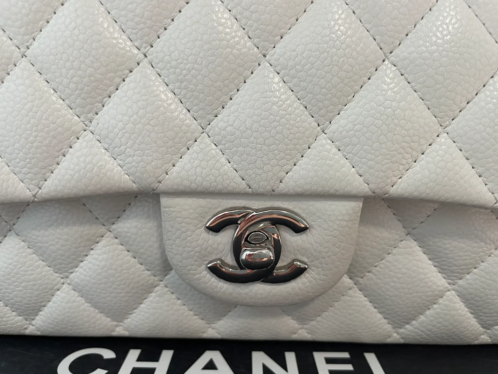 Chanel White Classic Flap Bag in medium Caviar Leather with Silver Hardware