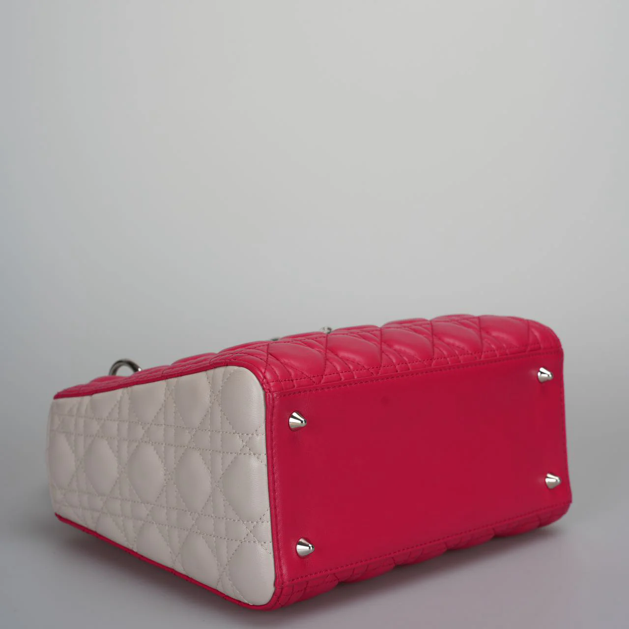 used-Christian Dior Lady Dior Bag Cannage Medium Hand Bag Lamb Skin Red White-MILOURA