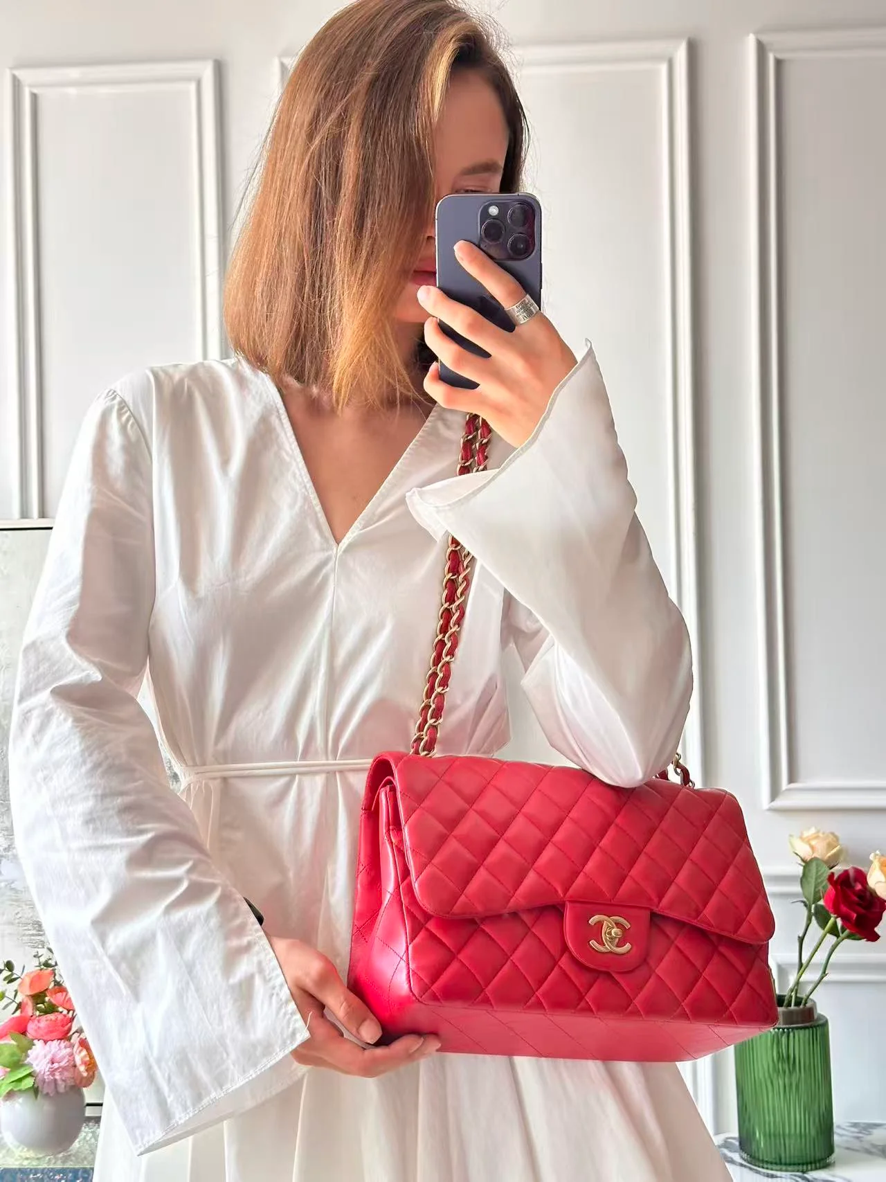 Chanel Timeless Classic Double Flap Jumbo Bag Red Lambskin Preloved