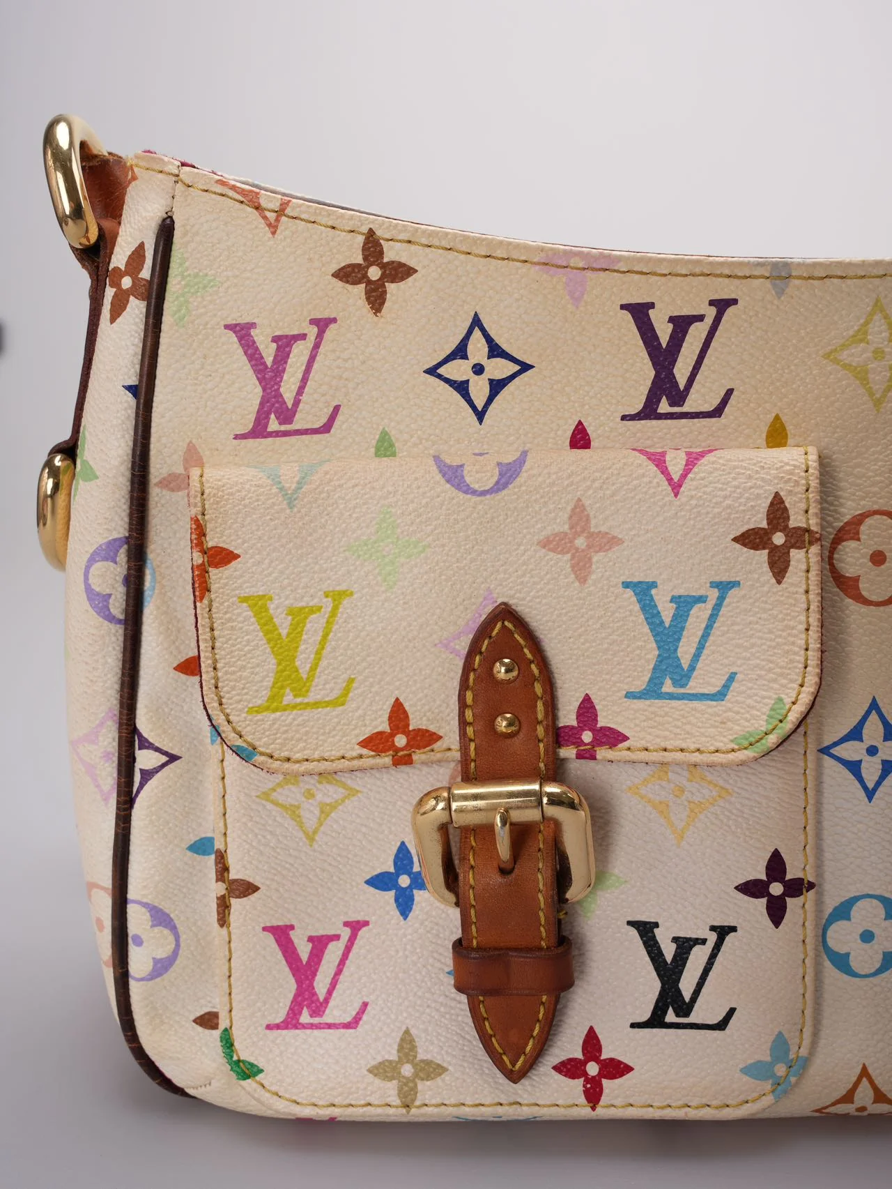 used-Louis Vuitton Takashi Murakami White Multicolore Monogram Coated Canvas Petit Noe Bag Gold Hardware-MILOURA