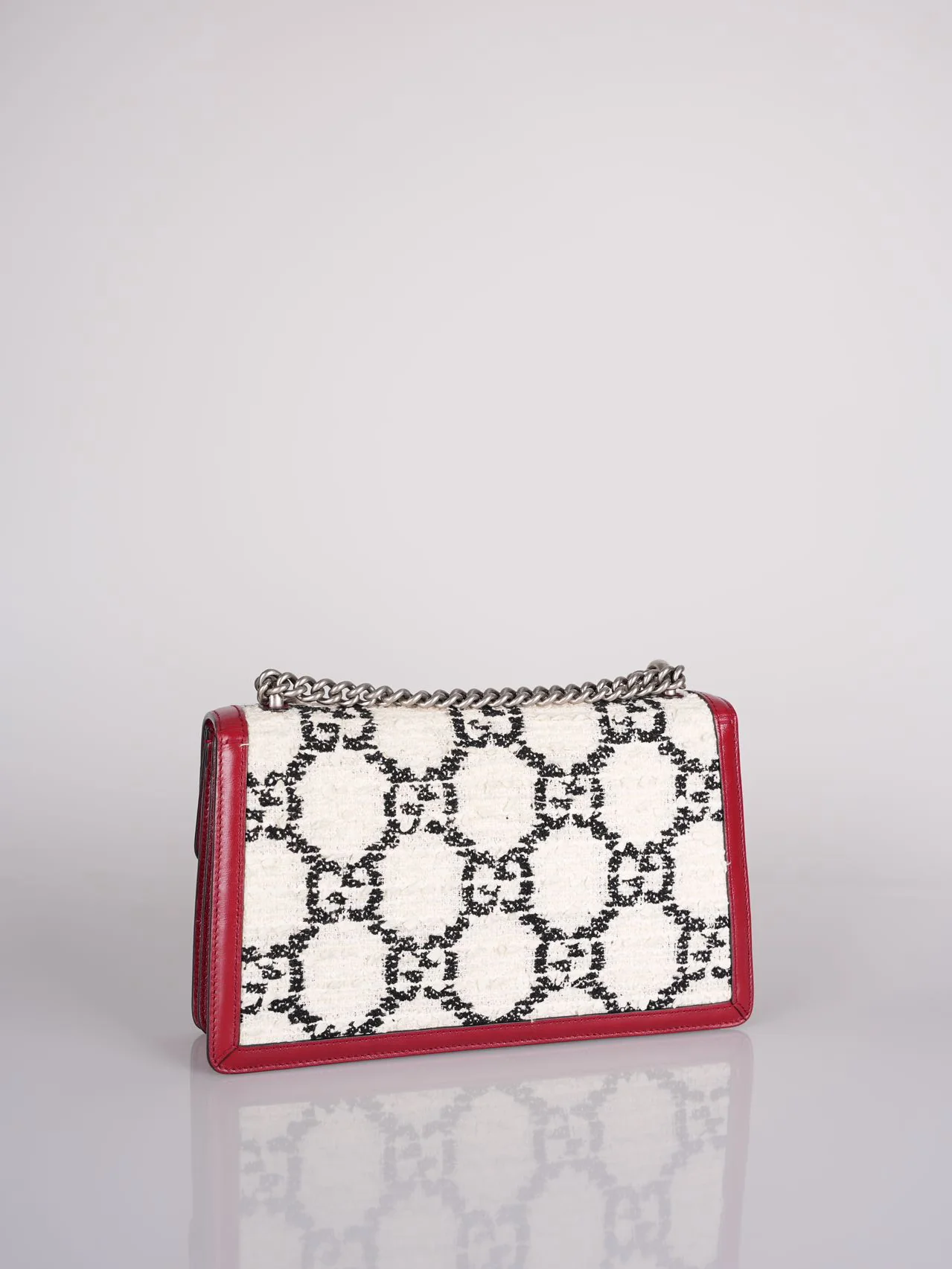 used-Gucci Tweed Monogram Small Dionysus Shoulder Bag in White/Black/Romantic Cherry-MILOURA