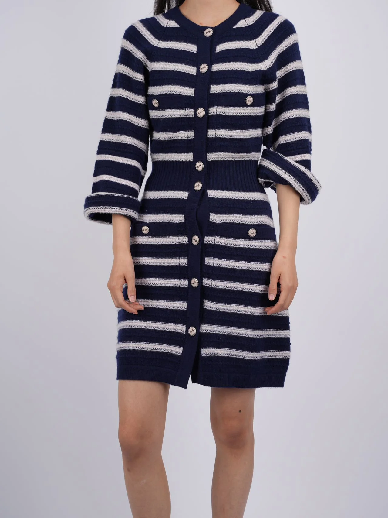 used-CHANEL cashmere Striped Dress in Navy Blue and White FR 34-MILOURA